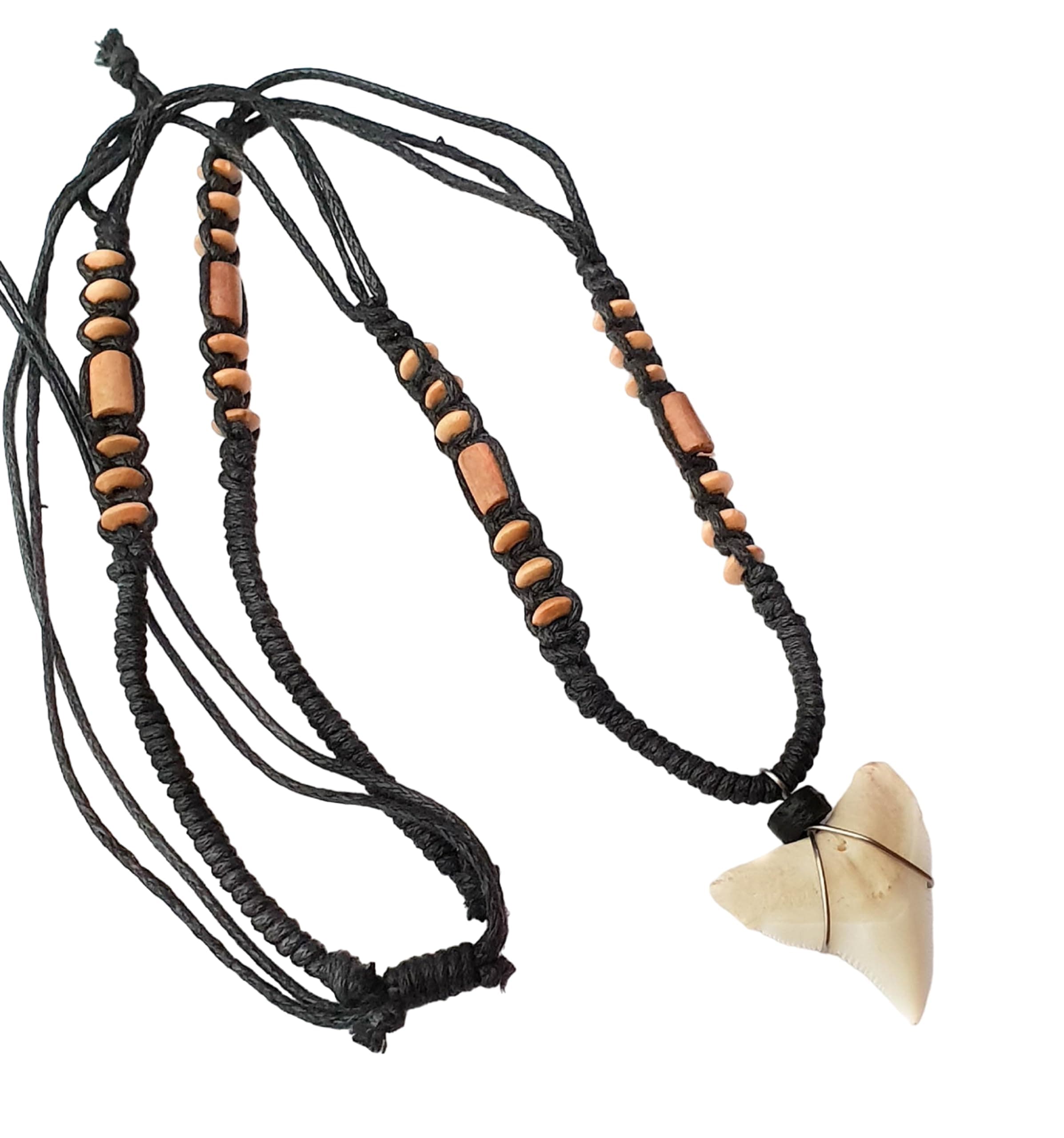 Natural Mako Shark Tooth Pendant Surfer Beads Cord Necklace Jewelry for Men Women BA369