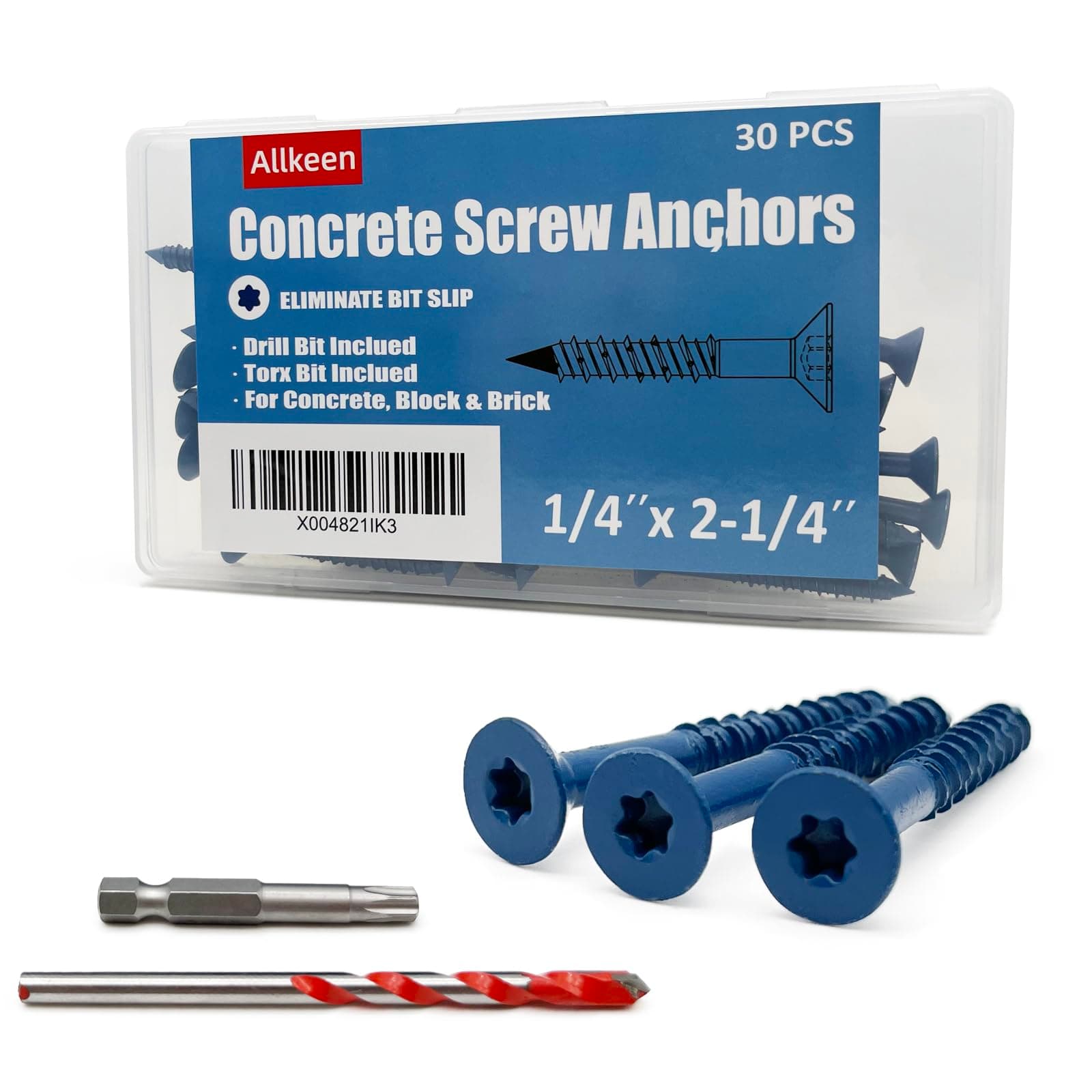 1/4" x 2-1/4" Concrete Screws, Anchoring to Masonry, Brick, Block, Cement or Stucco, 30PCS