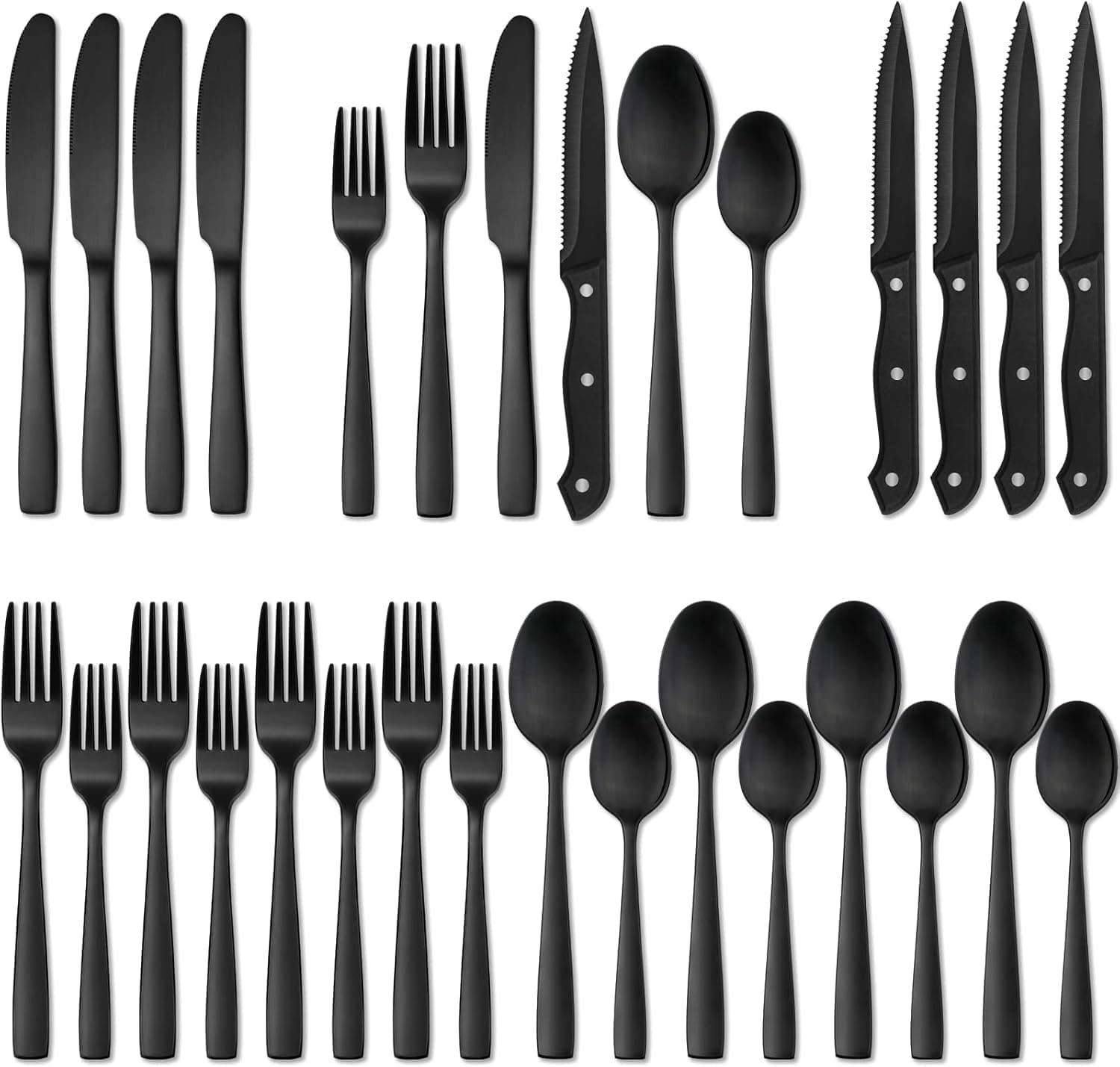 EETU24-Piece Silverware Set with Steak Knives, Black Flatware Set for 4, Food-Grade Stainless Steel Tableware Cutlery Set, Mirror Finished Utensil Sets for Home Restaurant (Black)