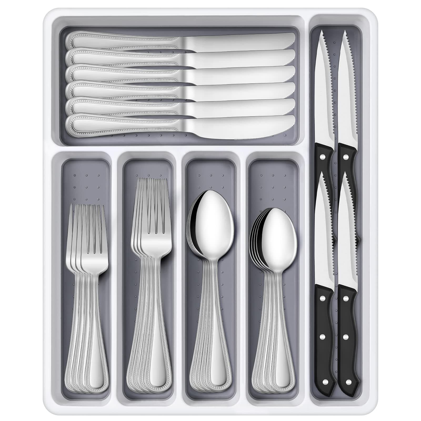 Hiware 48-Piece Silverware Set with Organizer, Stainless Steel Flatware for 8, Cutlery Utensil Sets with Steak Knives, Rust-proof, Mirror Polished, Dishwasher Safe