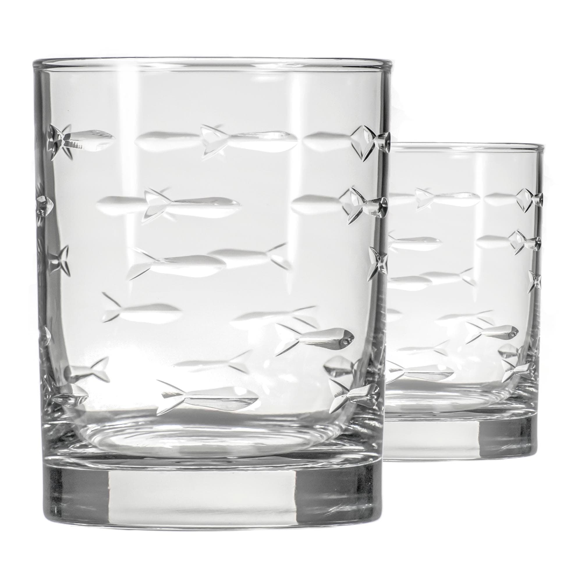 Rolf Glass School of Fish 13 oz Double Old Fashioned Whiskey Cocktail Glass | Set of 2 | Engraved Lead-free Tumbler Glasses | Made in the US