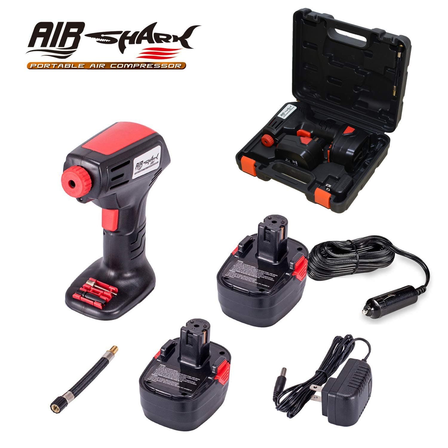 Portable Air Compressor Battery Tire Inflator Cordless Car Pump For Bicycle Ball Car, Deluxe Carry Case, Digital LCD Pressure Gauge, Auto Shut Off, Battery Charger, Car Adapter, 3 Nozzle Adapters