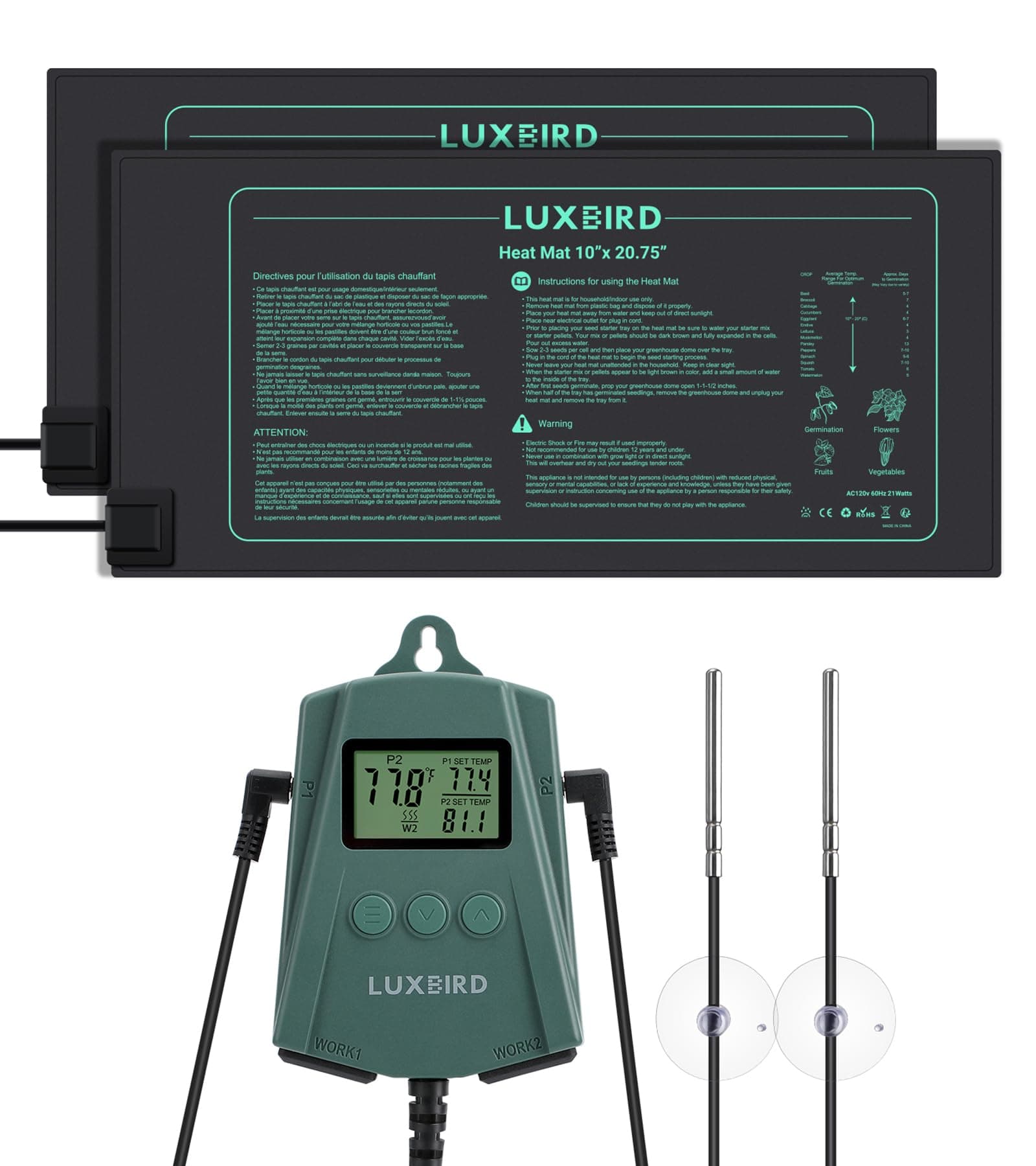 LUXBIRD 2 Pack 10"x 20.75" Seedling Heat Mat and Digital Thermostat Controller Combo Set (120v US Plug)