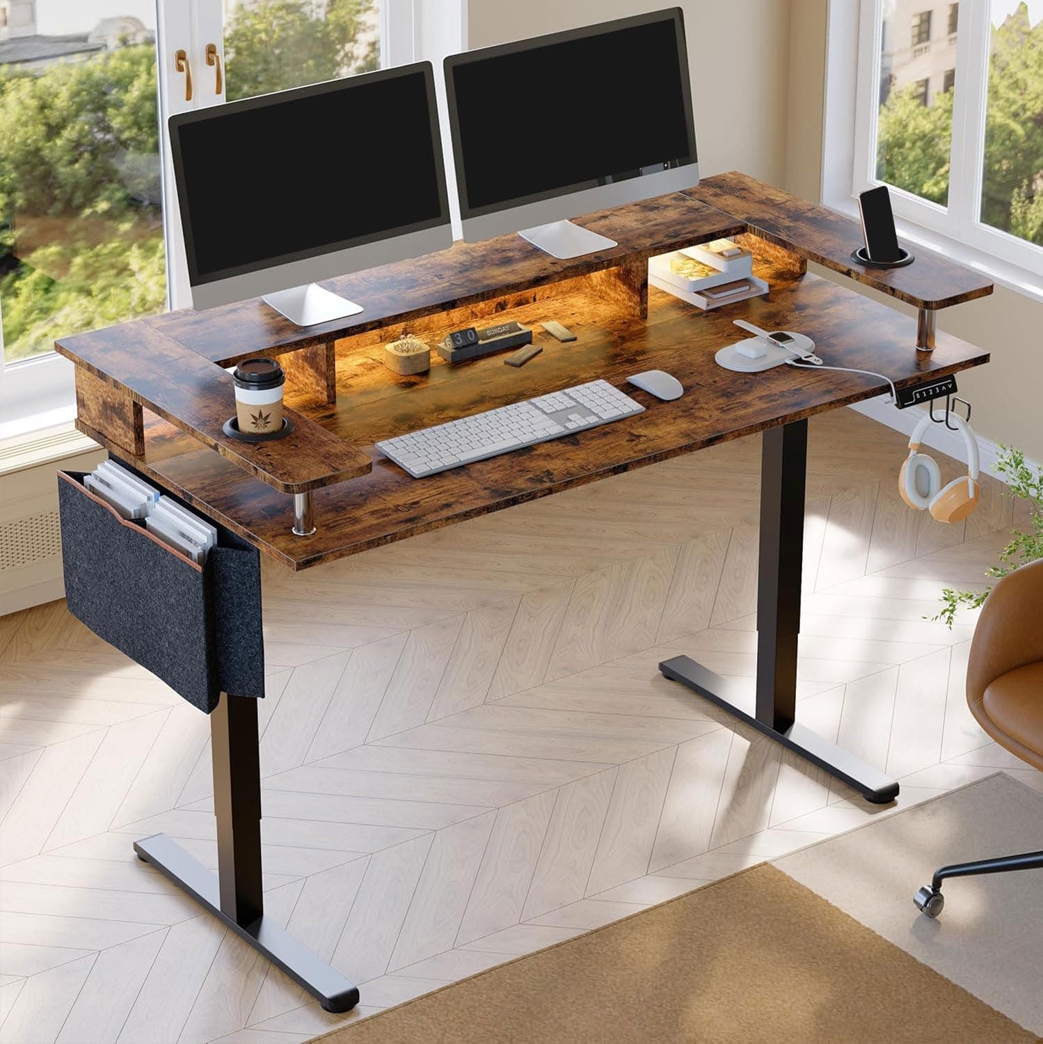 Bestier LED Electric Standing Desk Adjustable Height, 58x26 Inch Large Sit Stand Desk with Monitor Stand, Ergonomic Rising Desk for Home Office with Headphone Hook & Storage Bag, Elegant Brown