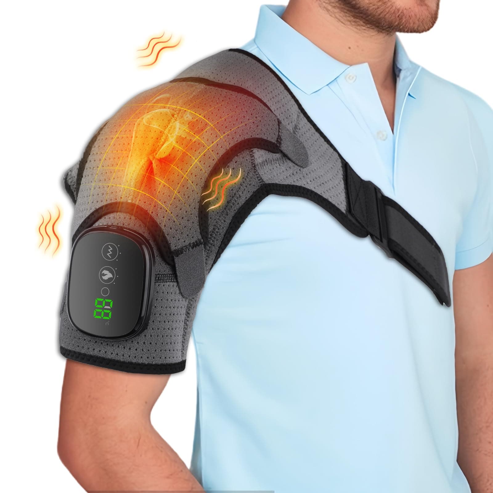 Cordless Heated Shoulder Brace Wrap, Heating Pad with Massage, 3 Heat & Vibration, 5000mAh Battery Powered, Shoulder Massager for Men Women