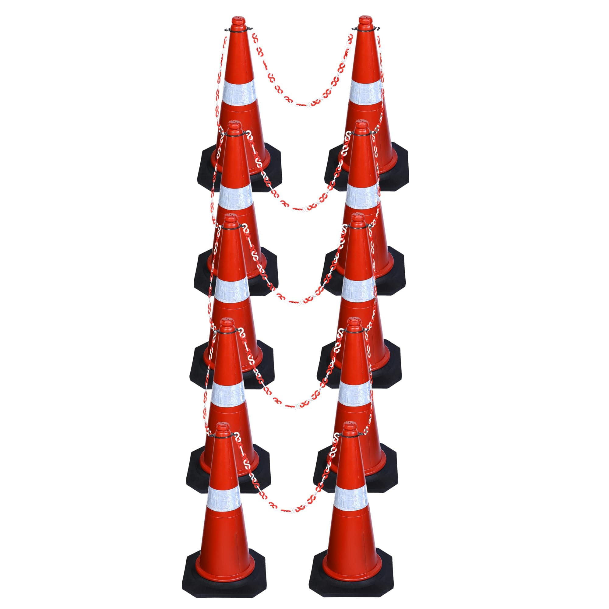 ABS INDUSTRY Safety Cones 10 Cones with 10 Meters S Hook Safety Chain and 10 Hooks Multipurpose PVC Plastic Traffic Safety Cone with Black Rubber Weighted Base and Highly Visible Reflective Collar