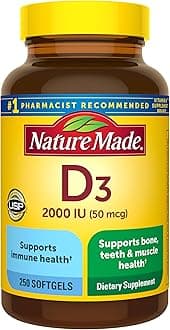Vitamin D3 2000 IU (50 mcg), Vitamin D Supplement for Bone, Teeth, Muscle and Immune Health Support, 250 Softgels, 250 Day Supply