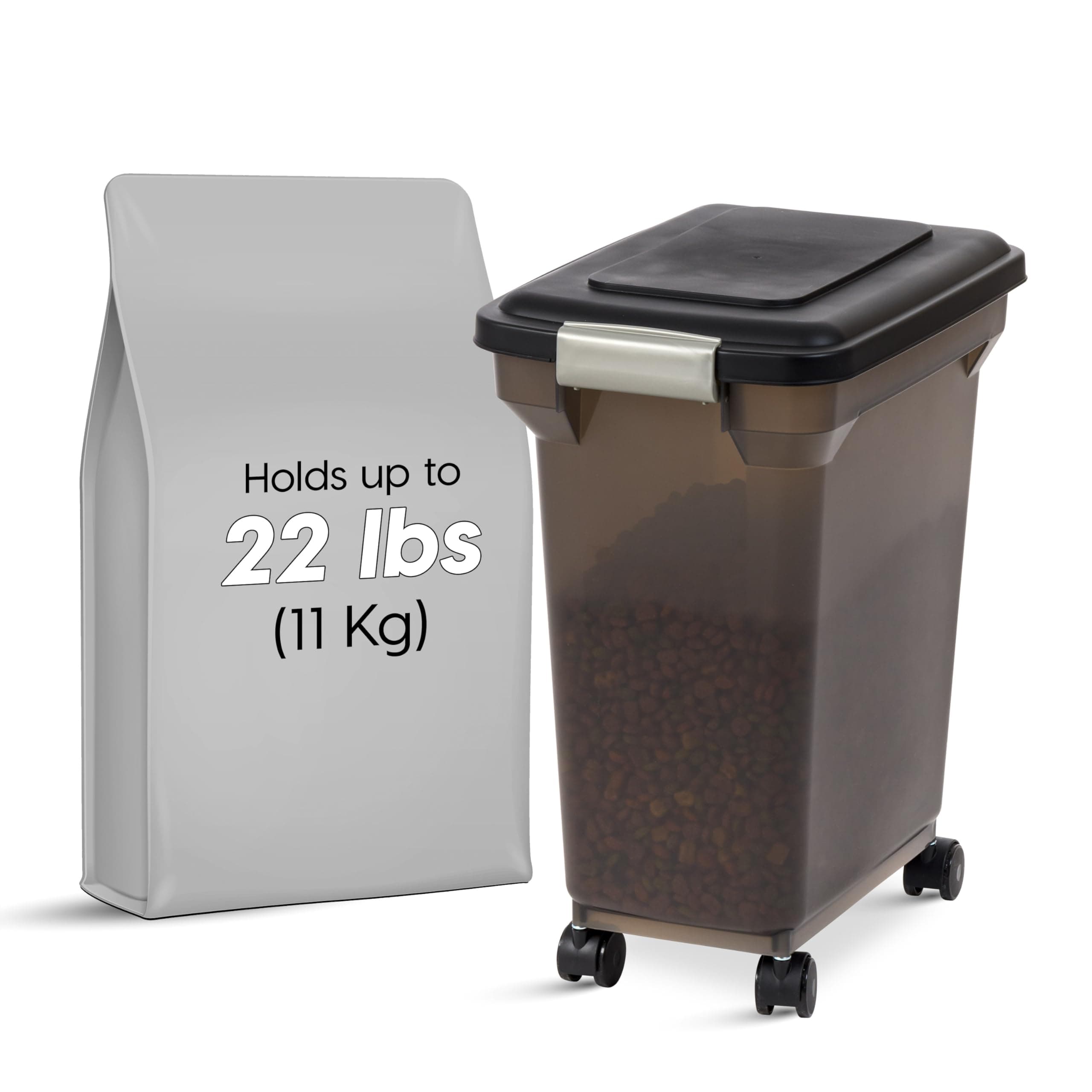 IRIS USA 22 Lbs / 28 Qt WeatherPro Airtight Pet Food Storage Container with Attachable Casters, For Dog Cat Bird and Other Pet Food Storage Bin, Keep Pests Out, Easy Mobility, BPA Free, Smoke