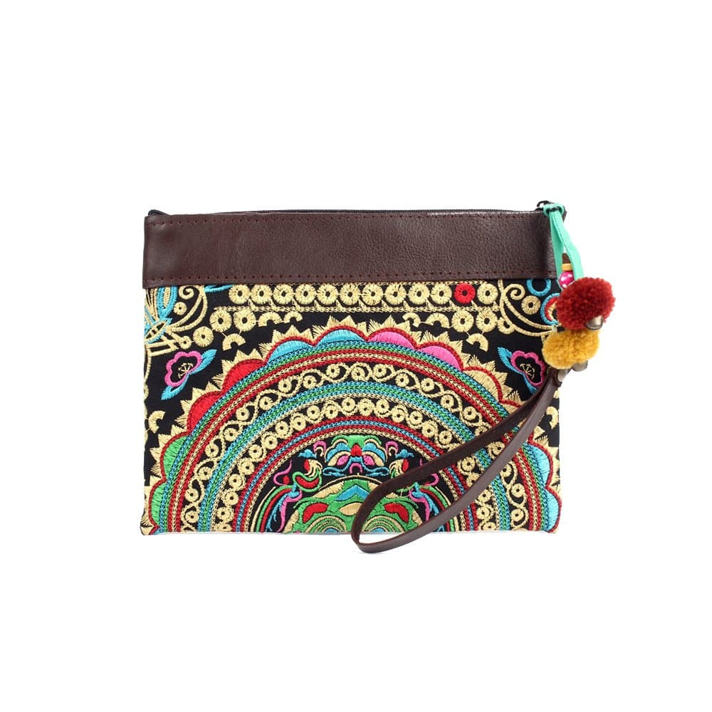 Ethnic Lanna Hmong Tribal Clutch and Wristlet Embroidered Mandala Fabric Brown Leather and Pompoms