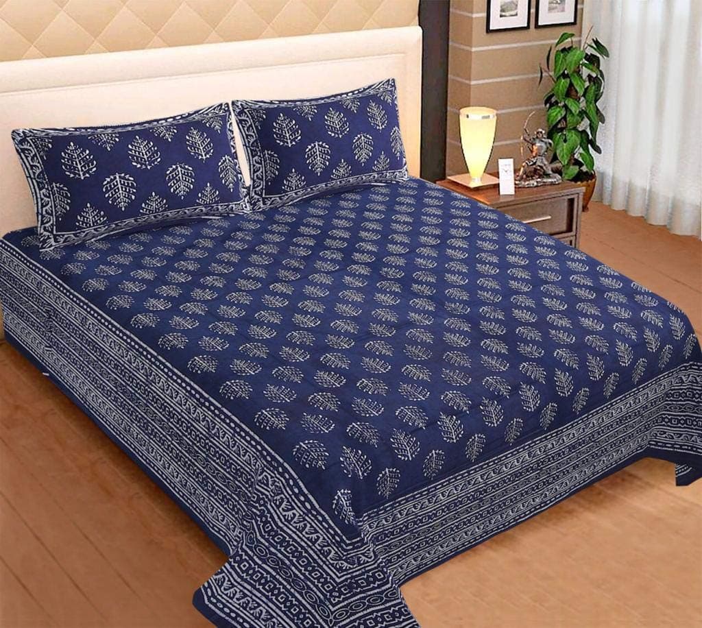 XFY 300TC Cotton Printed Bedsheet King Size with 2 Pillow Cover Combo (90 x 108 inch / 17 x 27 inch) Blue bedsheet Double Bed