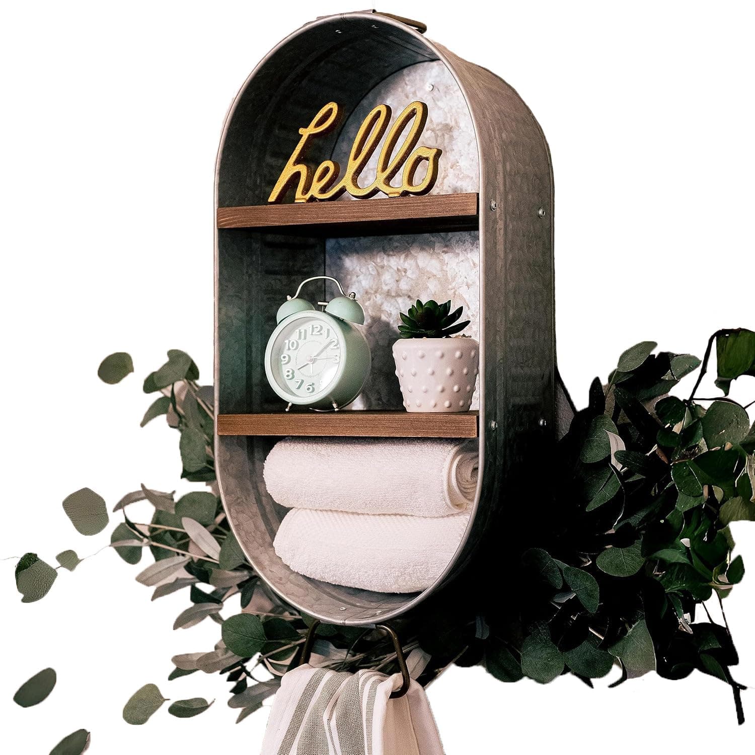 Galvanized Wash Tub with Shelves | Rustic Bathroom Décor | Farmhouse Rustic Bathroom Shelves | Metal Wash Tub Cubby | Galvanized Shelf Wall