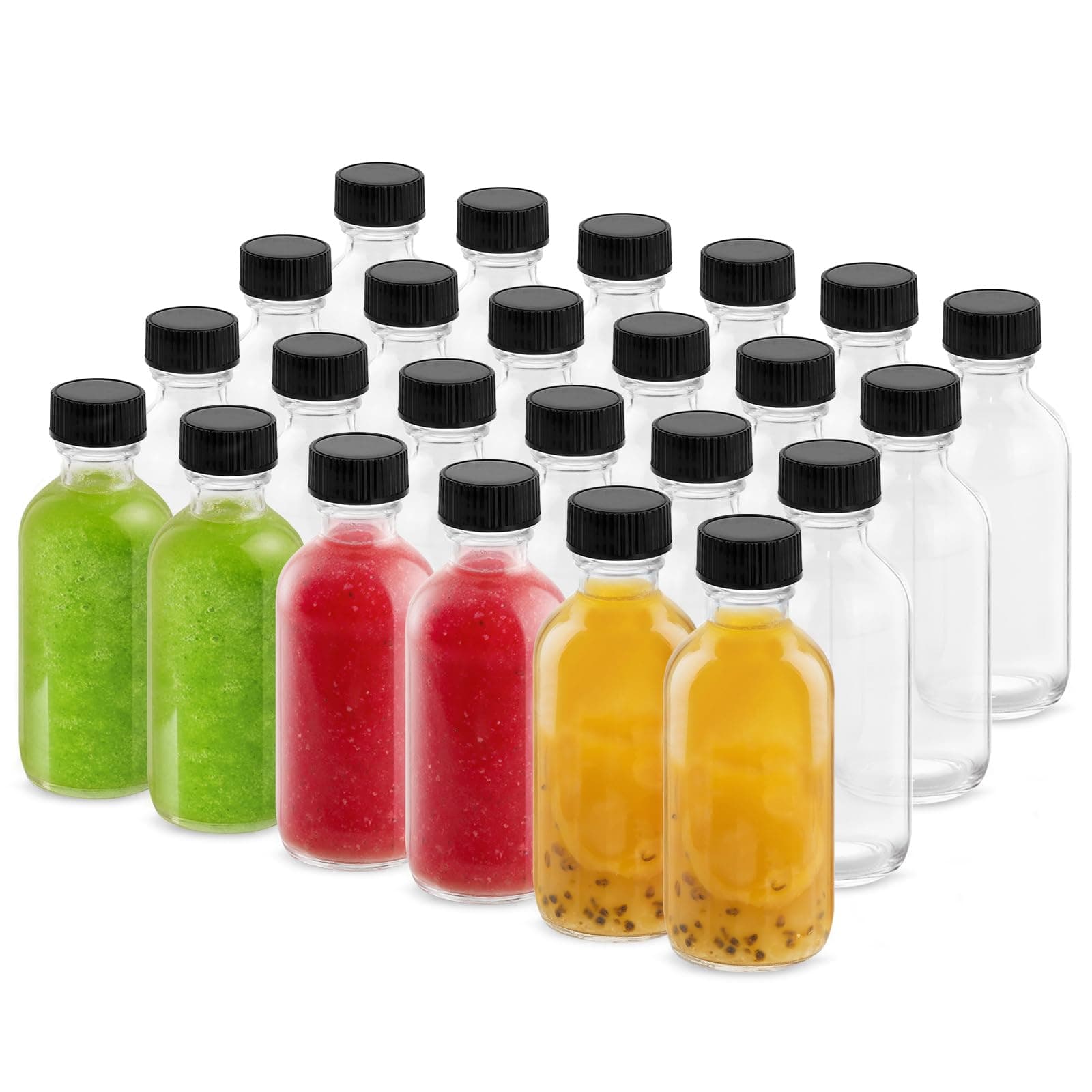4OZ Small Glass Bottles with Lids and Funnels, 120ml Boston Round Glass Bottles, Leak Proof Mini Travel Bottle, Perfect for Diy Essential Oils, Hot Sauce and Juices, 24 Pack Clear