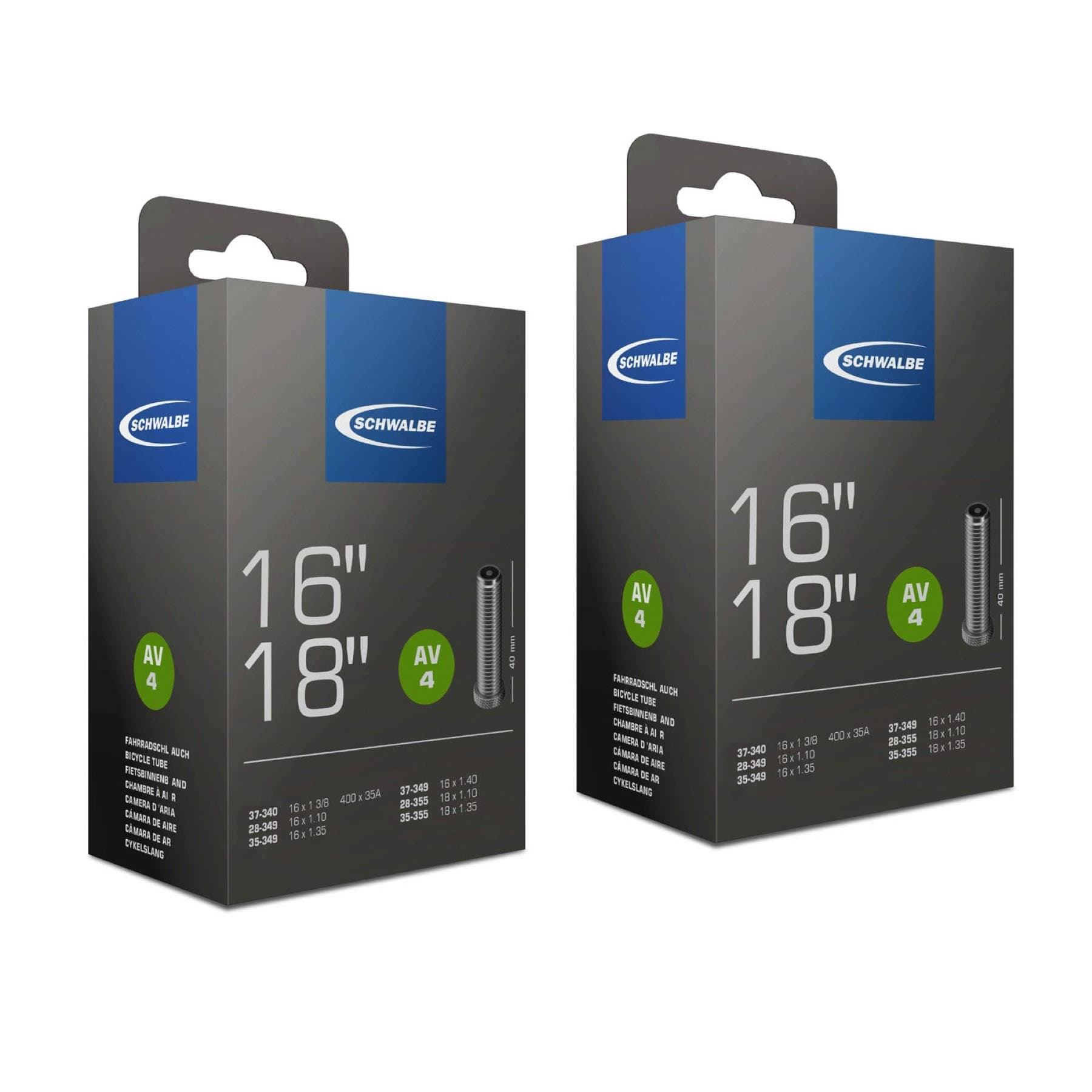 SCHWALBEAV4 Inner Tubes - 16 x 1 1/8 to 18 x 1.35in, 40mm Schrader Valve (2 Pack)