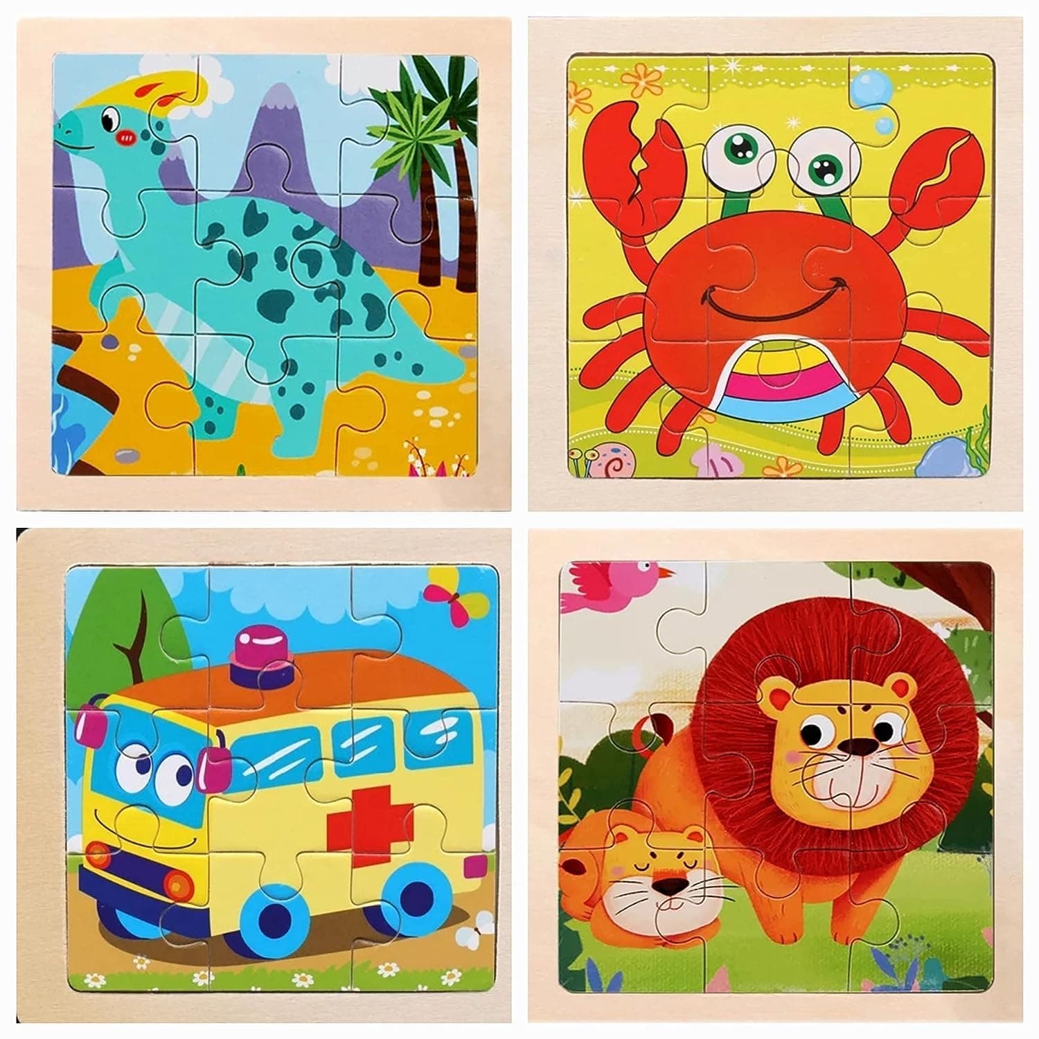 Wooden jigsaw puzzle for kids, pack of 4 puzzles set (lion, crab, dinosaur & ambulance bus) for toddlers and kids. Children's early learning & educational toys