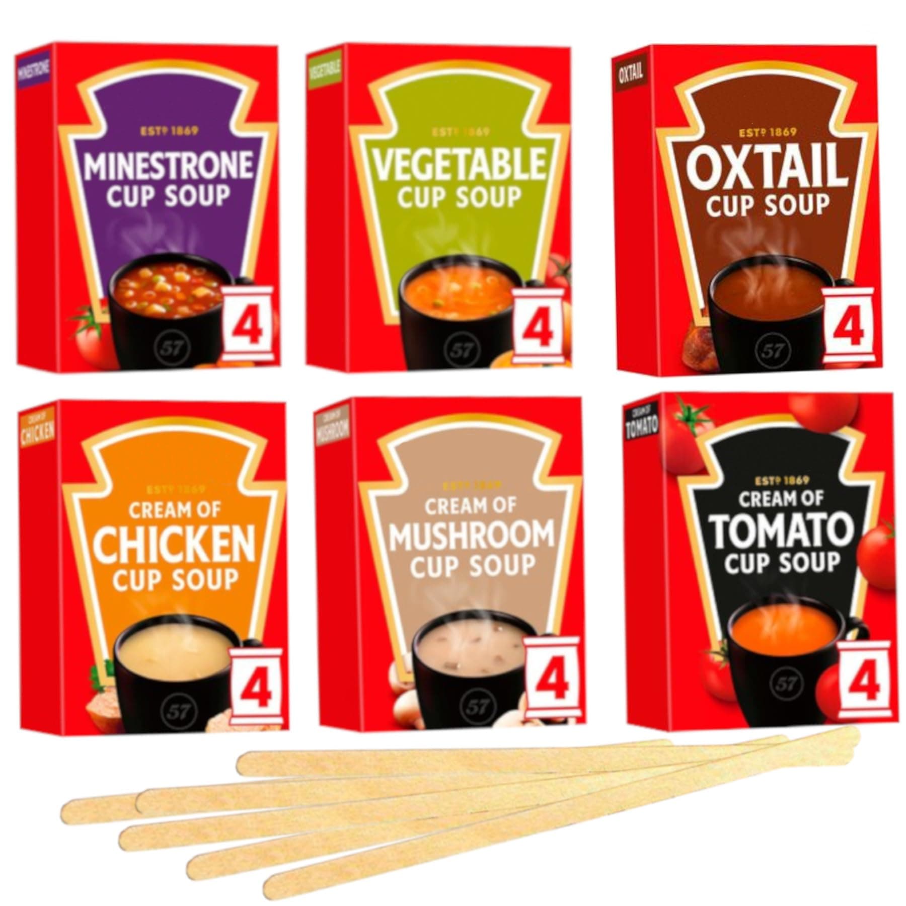 Cup Soup Variety Pack - 6 Flavours, 24 Sachets - with Chicken, Minestrone, Tomato, Mushroom, Oxtail, and Vegetable - Includes 24 x Individually Wrapped Wooden Stirrers