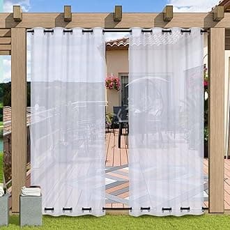 Outdoor Curtain for Patio, White Linen Look Semi-Sheer Curtains Waterproof Gazebo Curtains Top & Bottom Grommet for Pergola Balcony Pool Indoor 2 Panels, W52 x L84