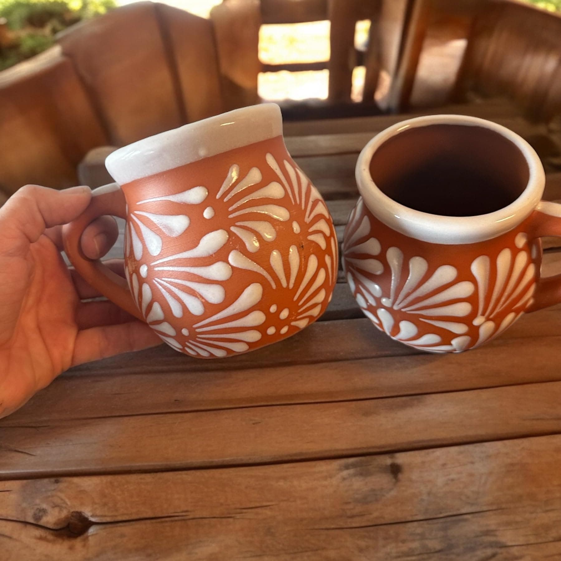 Generic Set of 2 Mexican Pottery Mugs - White Terracotta Design, 12 oz Clay Taza, Large