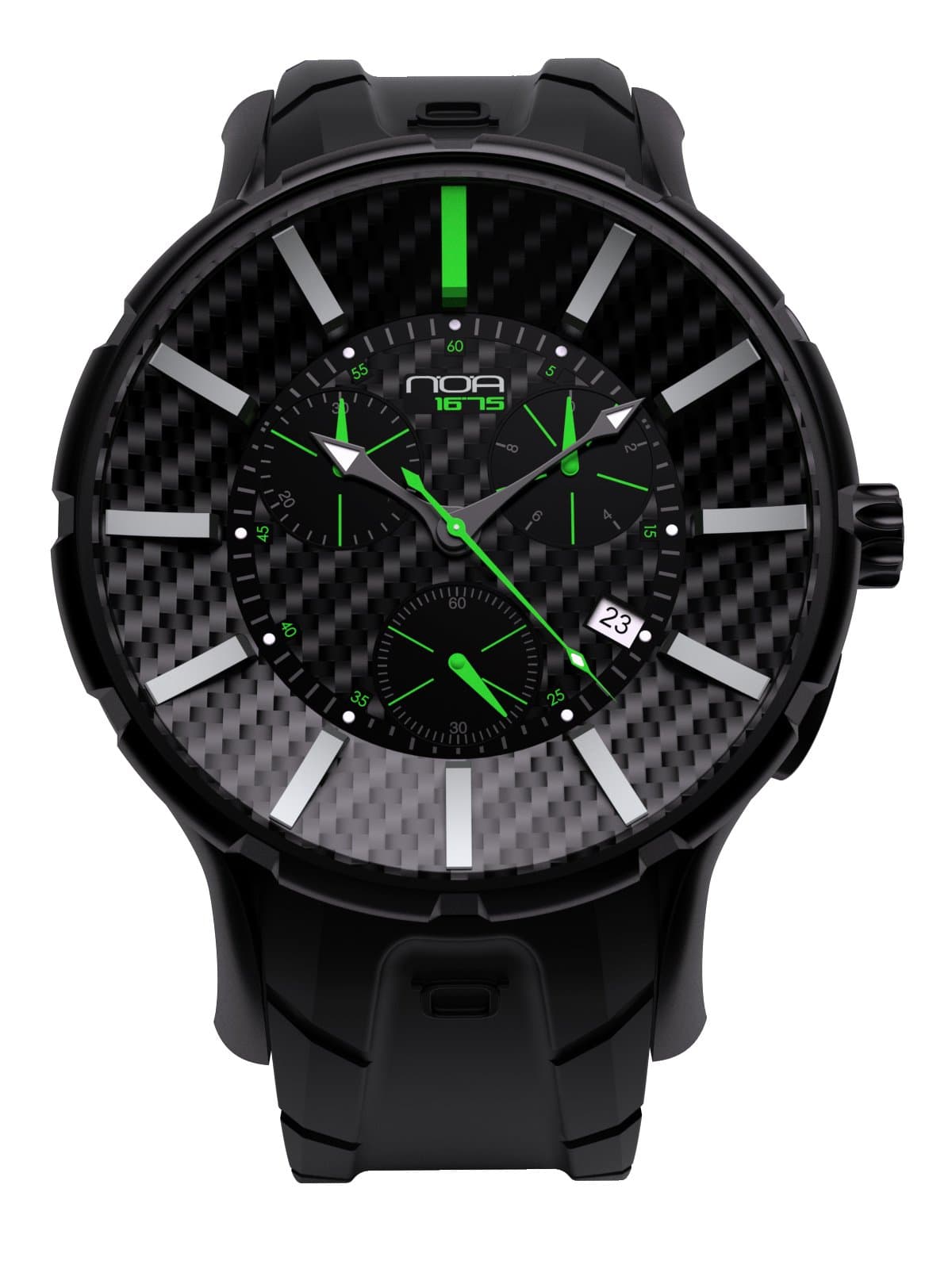 NOA Unisex Swiss Quartz Watch - Premium Analog Display with Real Carbon Fiber and Black Watch Band - Silver and Green Accents - Water Resistant Stainless Steel Fashion - GC6002