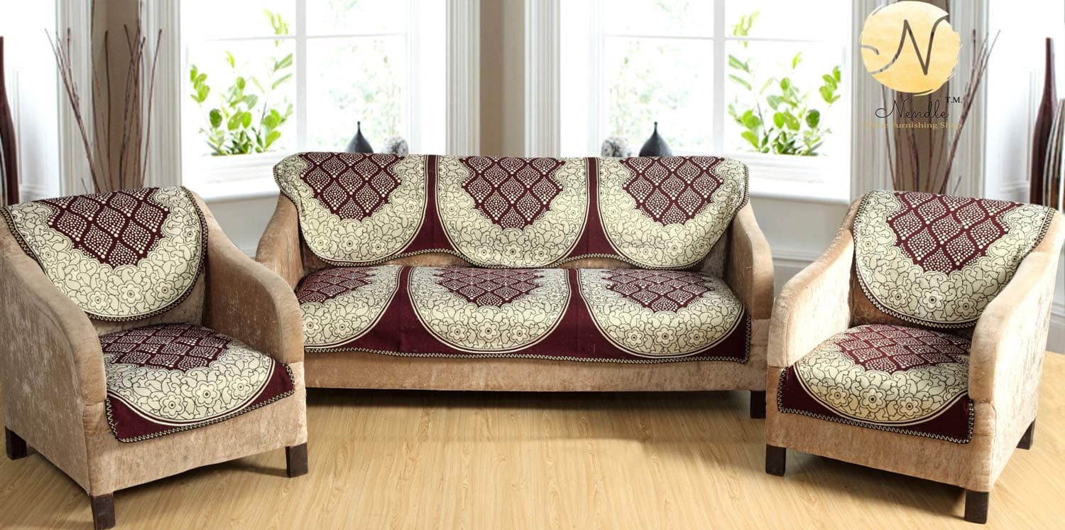 Luxurious Cotton Abstract Design 5 Seater Sofa Cover Set- 6 Pieces (Brown)