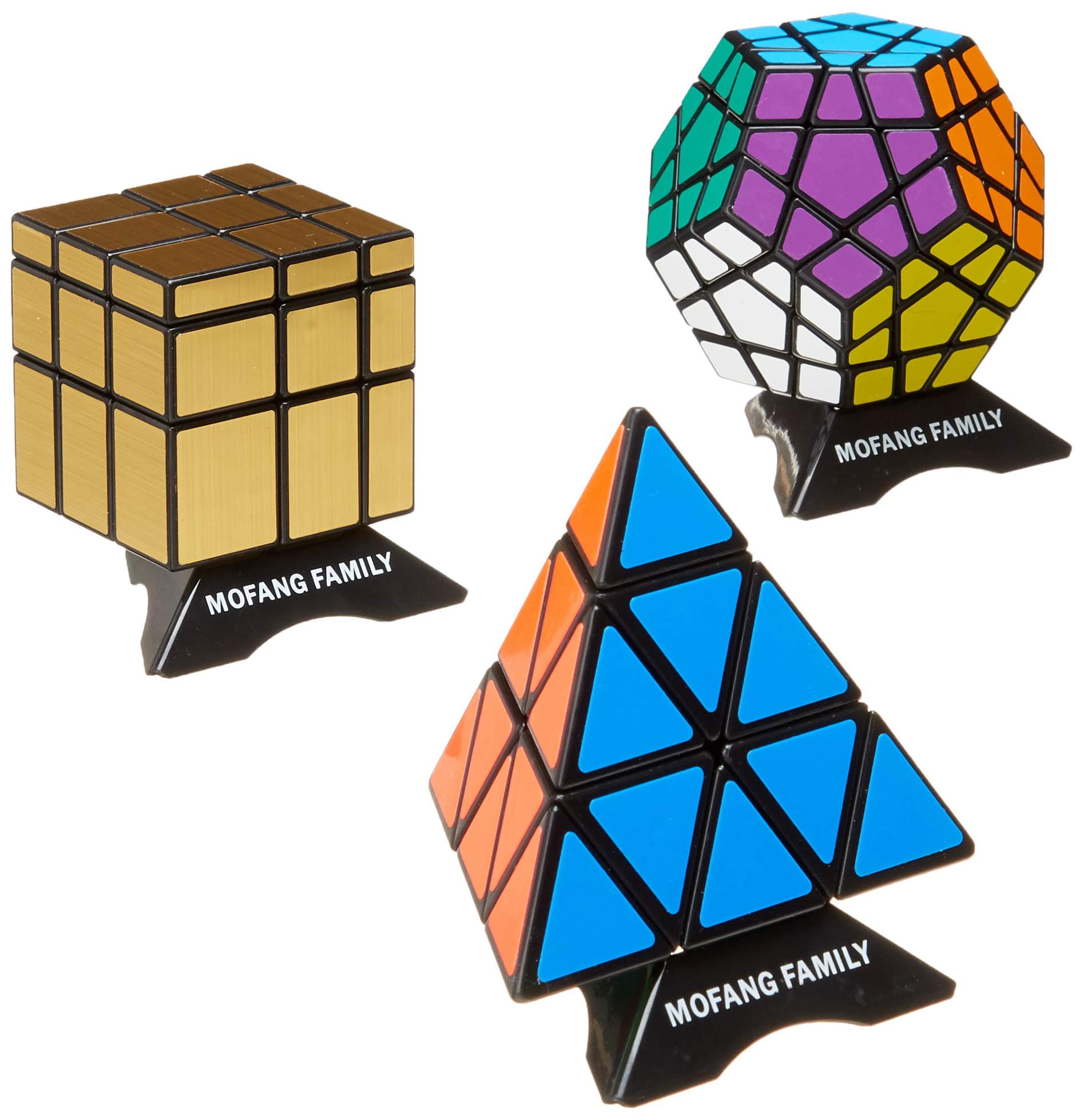 MAGTIMES 3 Pack Magic Cube Puzzle- Included Pyraminx Cube , Megaminx Puzzle Cube and Silver Black Mirror Cube + 3 Magic Cube Base Stand