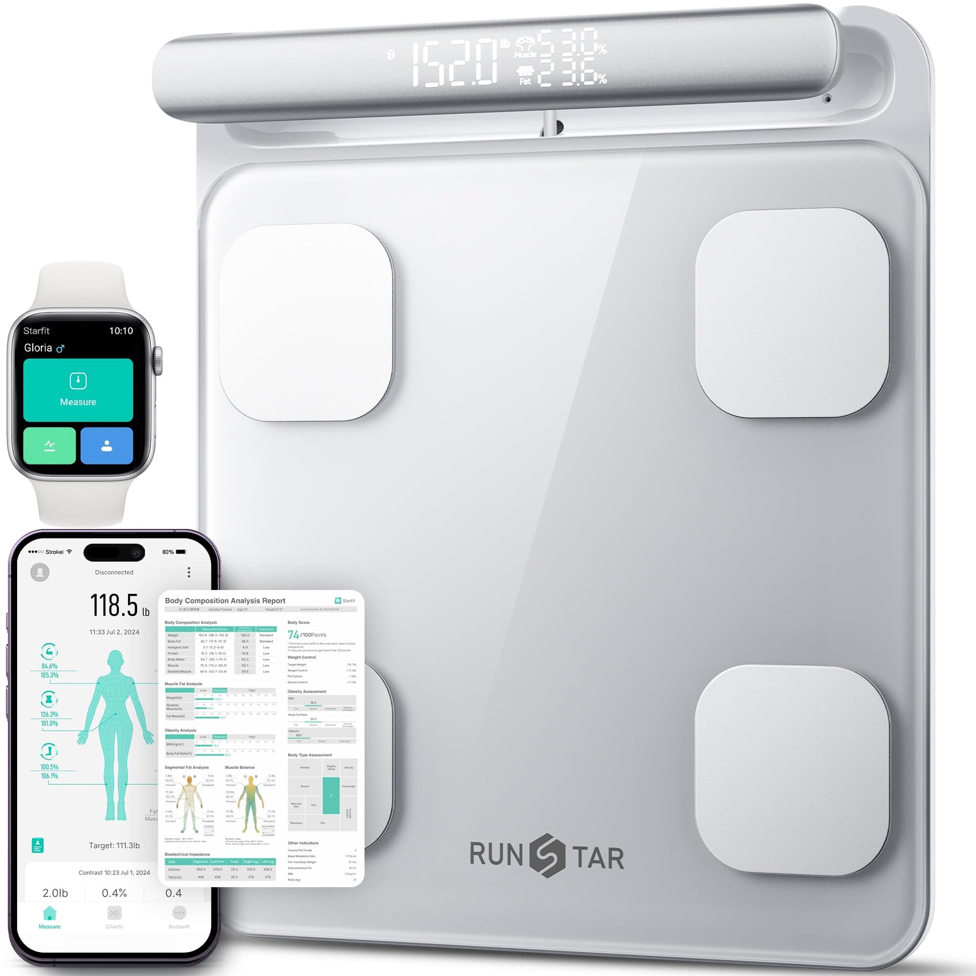 Runstar Smart Scale for Body Weight and Fat Percentage FSA HSA Eligible, 8-Electrode Digital Bathroom Scale with BMI, Body Fat & Muscle Mass to 28 Body Composition and Printable Body Analysis Report