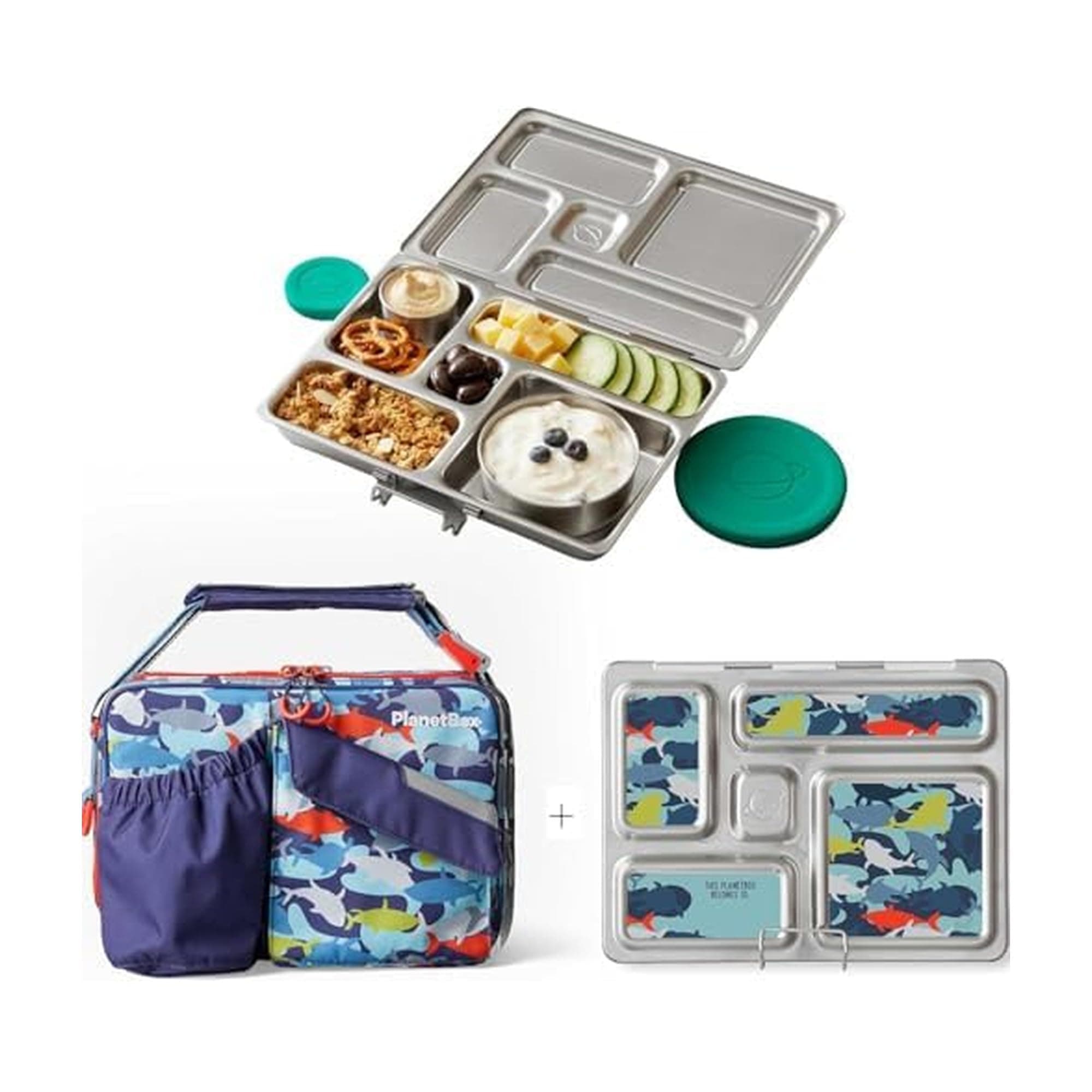 Rover Stainless Steel Bento Lunch Box with 5 Compartments, Sharks Carry Bag and Magnets