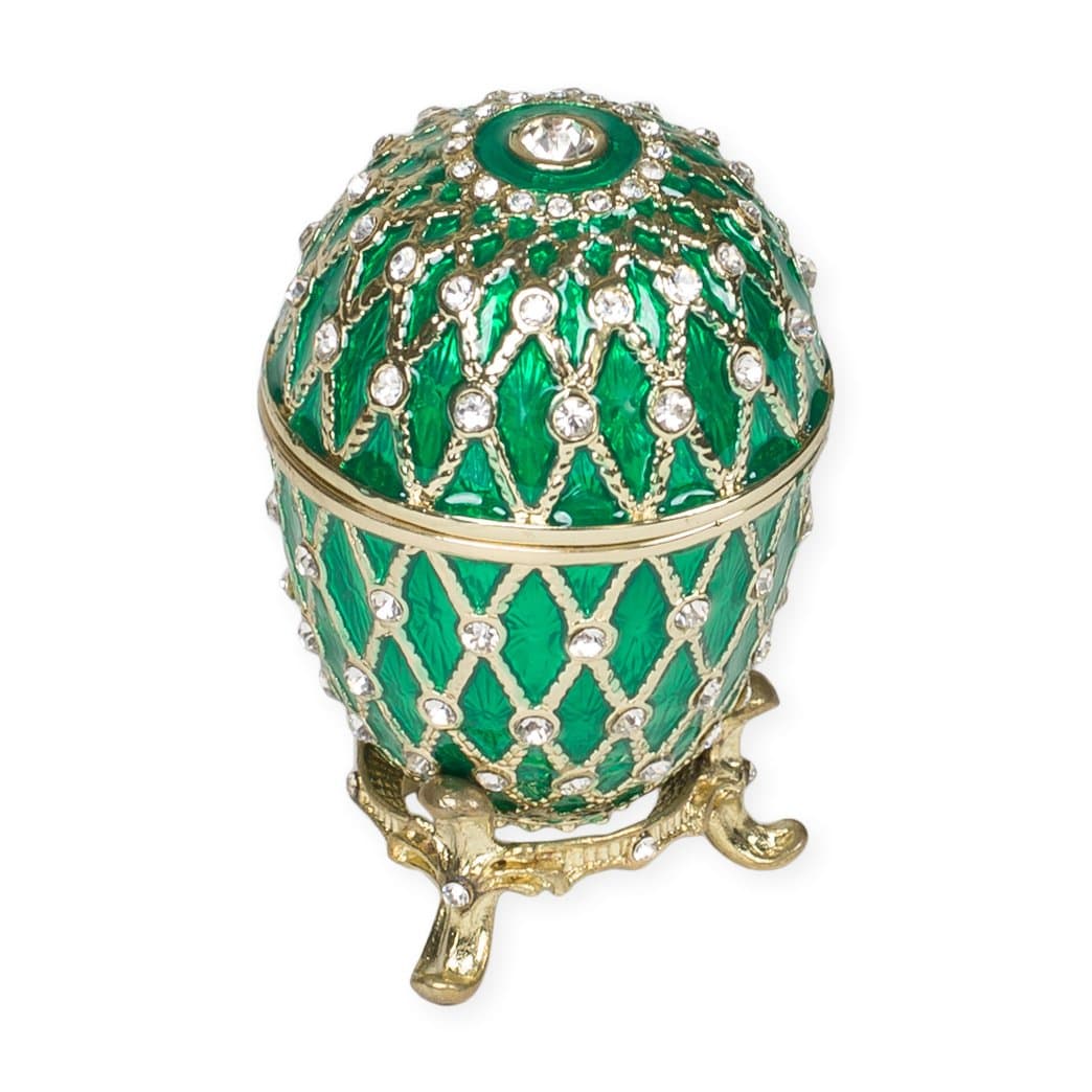 Jeweled Faberge-Inspired Egg Box with Stand Green Rhinestone Trinket Box Figurine