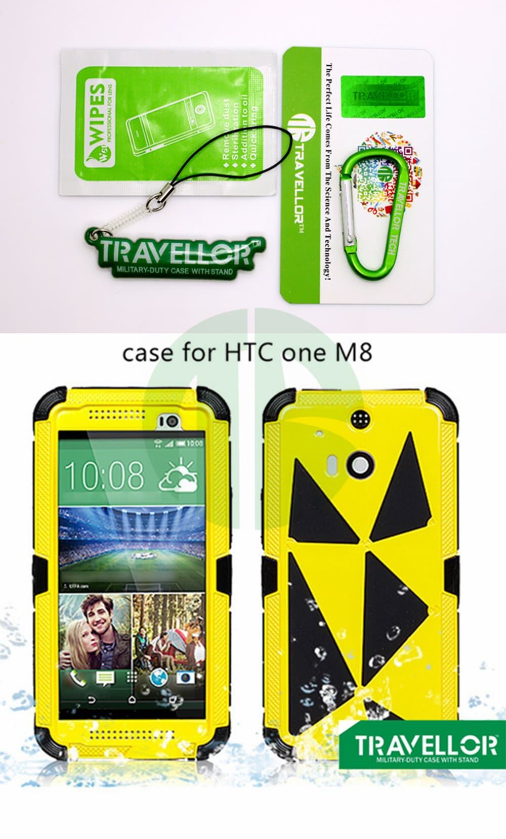 Travellor New Metal htc one m8 Shockproof Dirtproof Scratchproof Protection Case Cover for HTC ONE M8 Gifts Outdoor Carabiner + Professional Lens Wipes+Screen Dedusting Chain(Travellor Brand)multiple Color (Metal yellow)