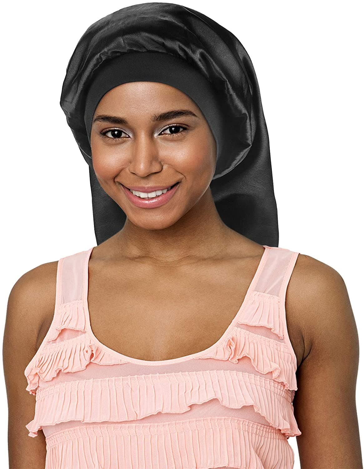 CACASO Long Satin Bonnet Sleep Cap,Black Extra Large Silk Bonnet for Natural Hair, Bonnets for Women Night Sleep,Wide Elastic Band, Very Soft & Comfortable