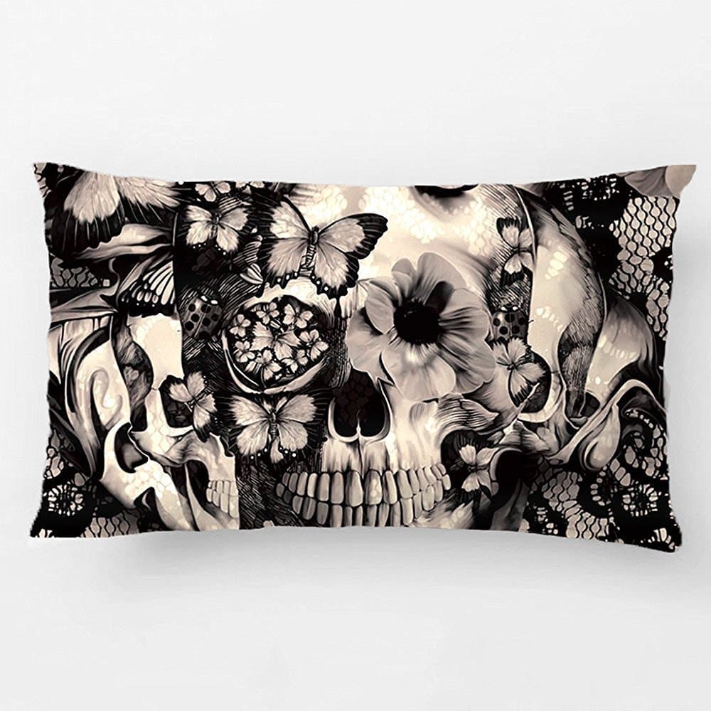 LDJ Cotton Linen Sofa Chair Seat Rectangle Throw Pillow Case Decorative Cushion Cover Pillowcase Design With Victorian Gothic Lace Skull Custom Pillow Cover Print One Side Sized 12X20 Inches