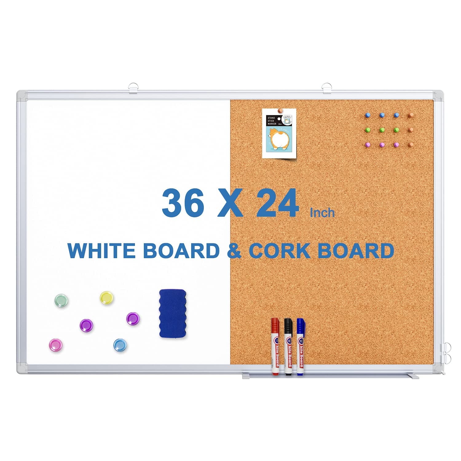 Magnetic White Board and Cork Board Combo, 36 X 24 inches Whiteboard Bulletin Combination Board, Wall Mounted Dry Erase Message Board for Home, School and Office