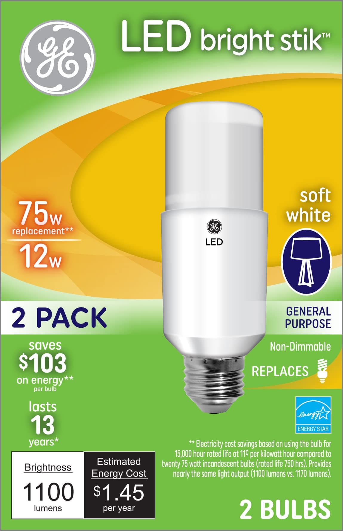 GE Lighting GE LED Bright Stik Light Bulbs, 75 Watt Eqv, Soft White, General Purpose Bulb, Medium Base (2 Pack)
