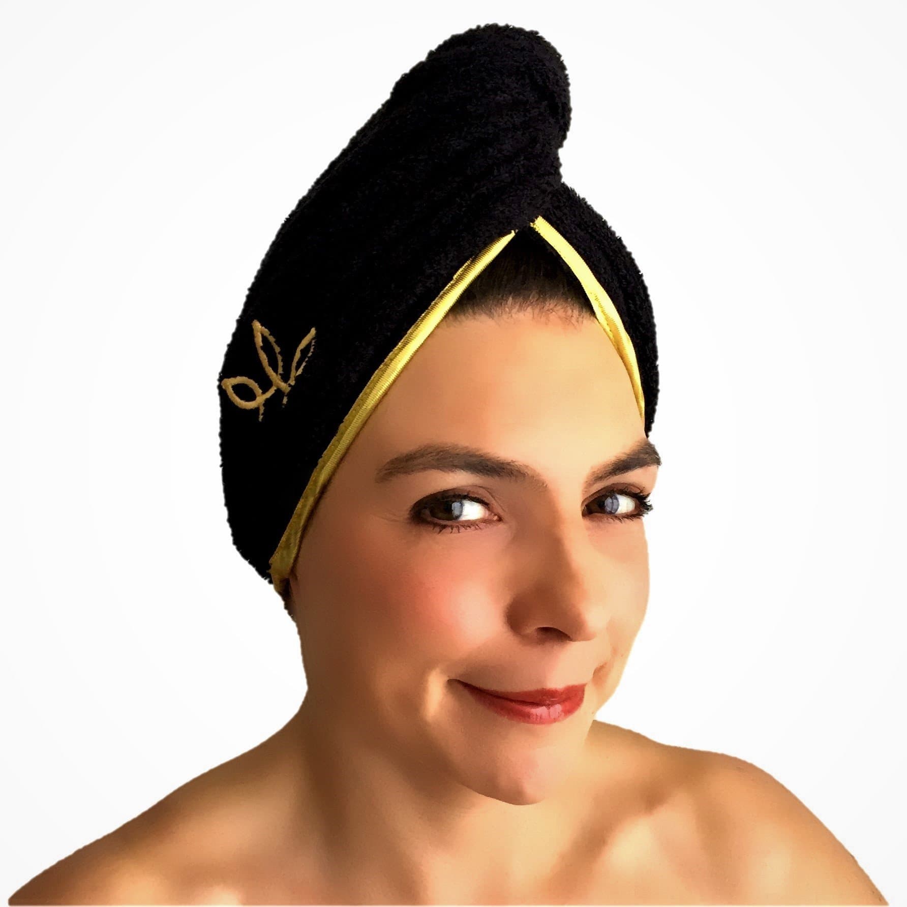 Microfiber ​Turban Towel | Black Hair Wrap With Elegant And Ultralight Design | Logo Embroidered, Luxury Stylish Button And Gold Color Border by Lusso Towels
