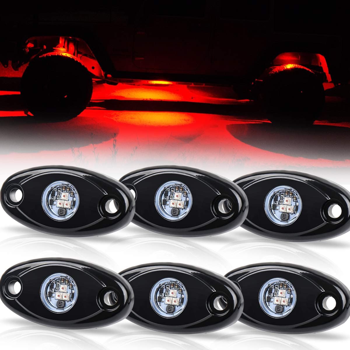 2 inch Sharp Red LED Underglow Light Kits, OVOTOR IP68 Rock Light Bright Lighting and Energy Saving for Truck Off Road Car ATV RZR UTV SUV