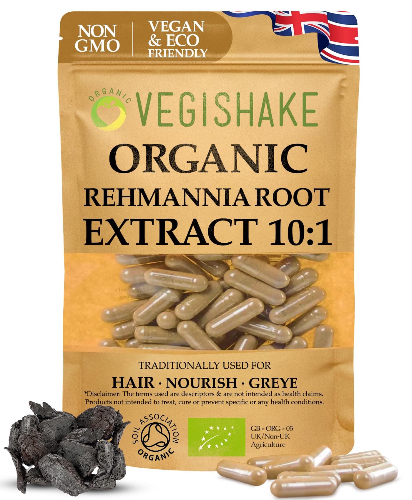 Rehmannia Root HPMC Capsules 980mg Prevent Grey Hairs Maintain Hair Colour Health Fatigue Kidney Adrenal Glands Vegan Halal Kosher (90 Capsules)EU Organic