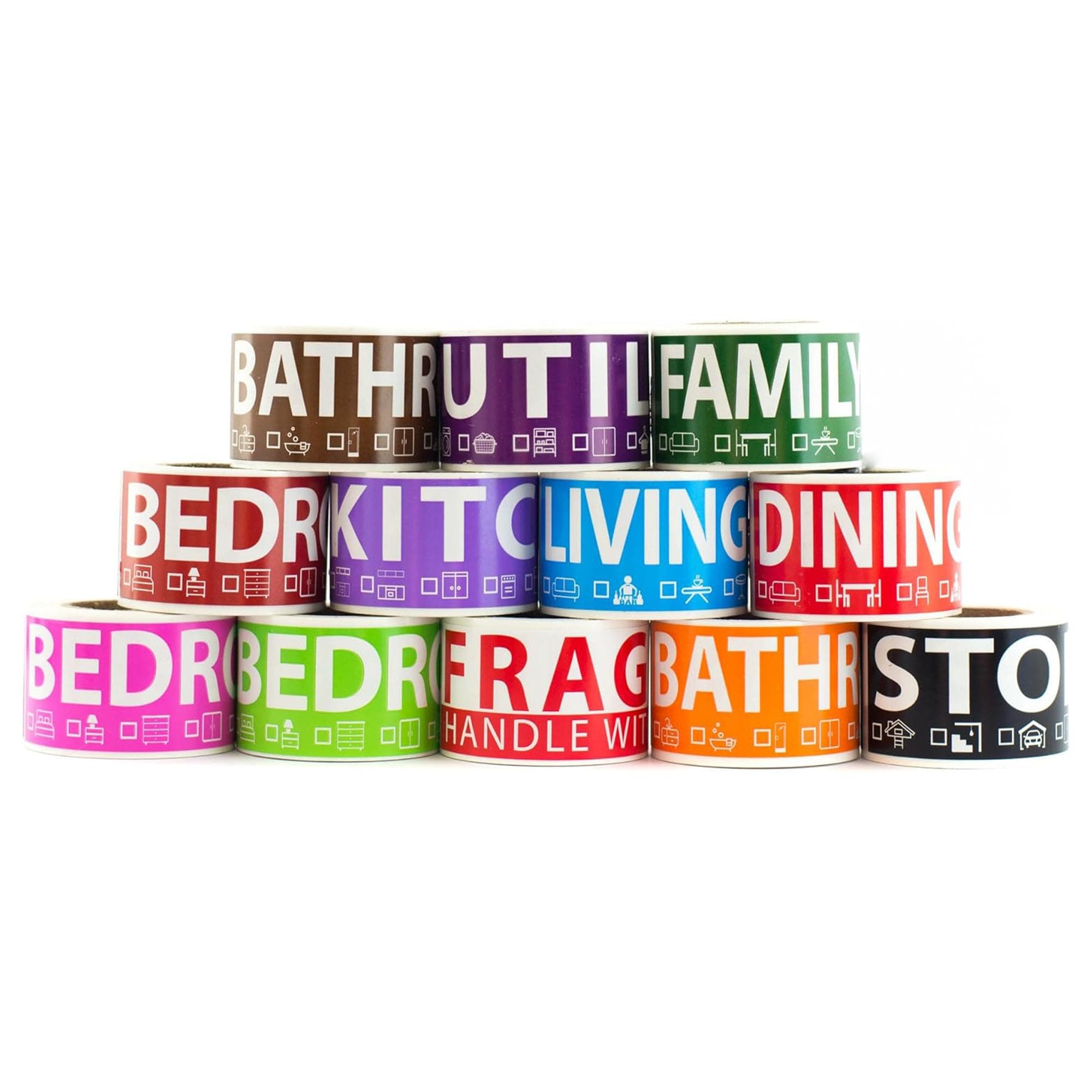 600 Home Moving Labels for 3 Bedroom House — 12 Color-Coded Room Labels (50 Each) + Fragile Stickers for Moving Boxes, Supplies, Wardrobe Boxes, Apartment Moves