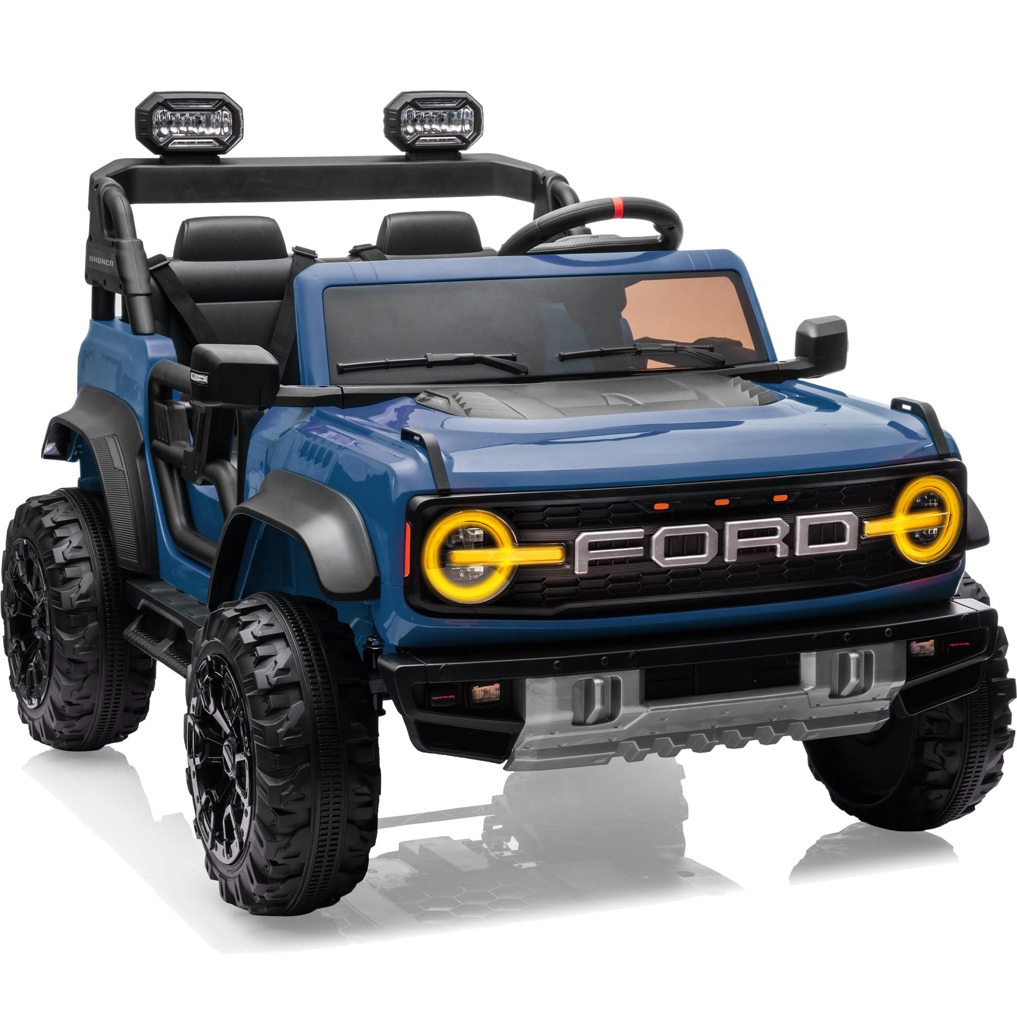 First Ride On 24V Ride on Toys for Big Kids, Licensed Ford Bronco Raptor 2 Seater Ride on Cars with Remote Control, Ride on Truck w/ 4-Wheeler Suspension, 3 Speeds, Bluetooth (Blue)