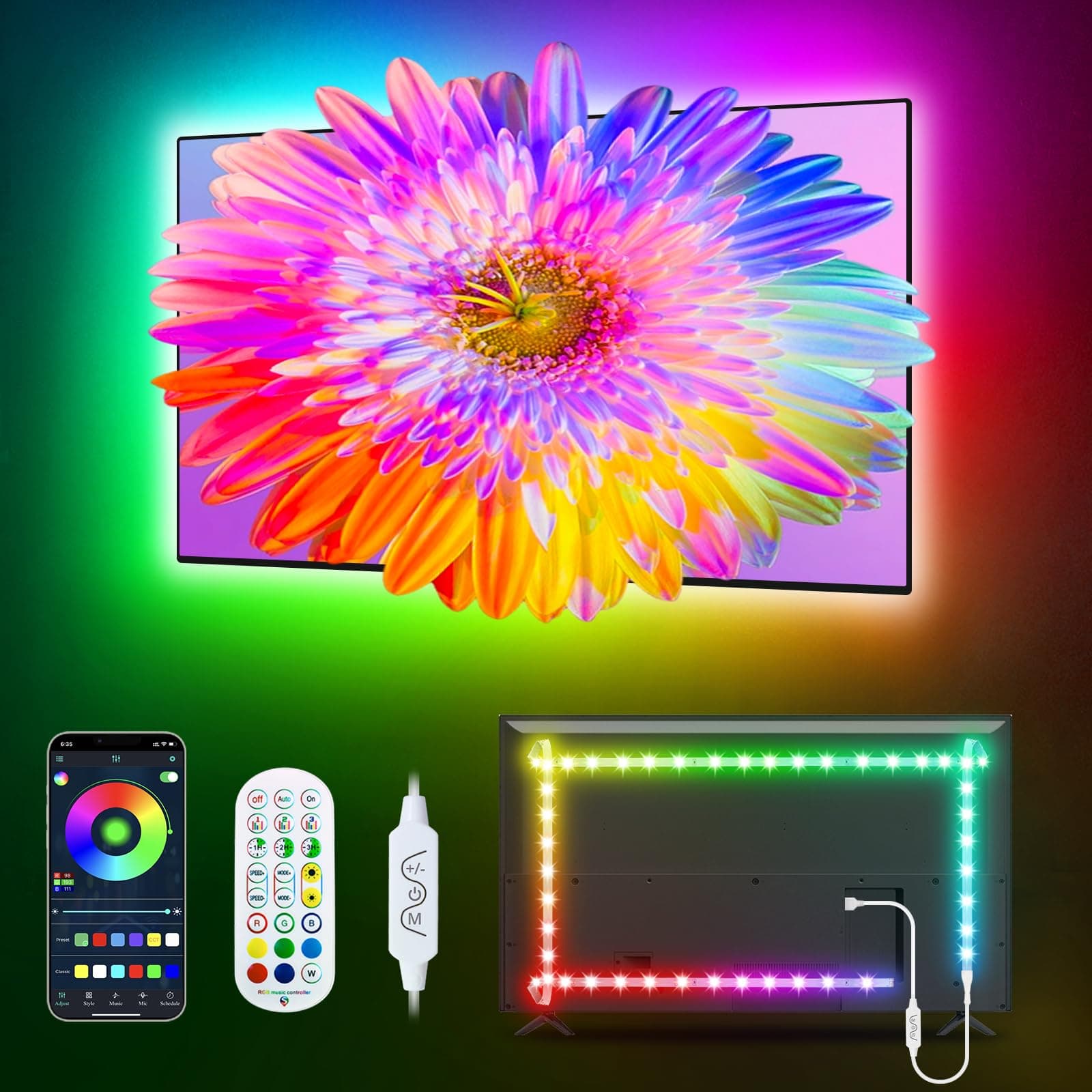 Daymeet TV Led Backlight, 16m ICRGB LED Lights for TV Smart TV Led Lights for 65-85 inch TV/Monitor, USB Led Lights Rear TV, TV Led Backlight Sync with Music, Bluetooth APP