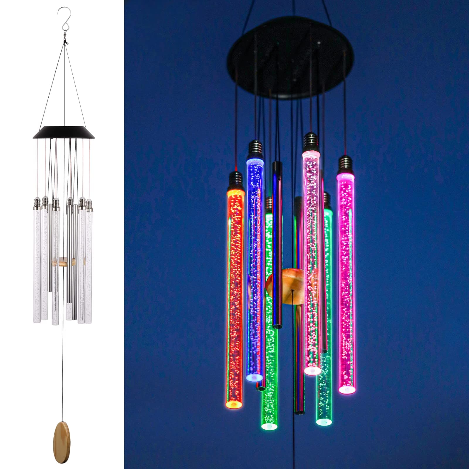Solar Wind Chimes for Outside, DesGully 6 LED Tubes Color Changing Outdoor Clearance Unique Garden Decor Colorful Patio, Gifts for Her/Him (37" Long)