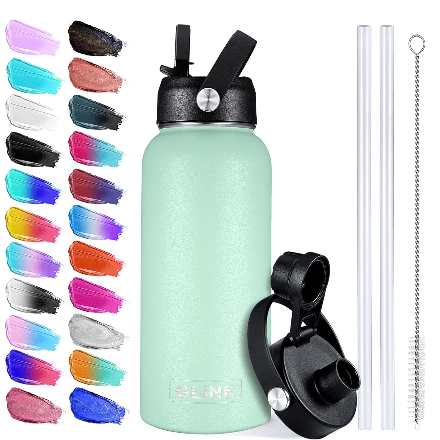 Glink Stainless Steel  Water   Bottle  with Straw, 12-64 oz Wide Mouth Double Wall Vacuum Insulated  Water   Bottle  Leakproof, Straw Lid and Spout Lid with New Rotating Rubber Handle