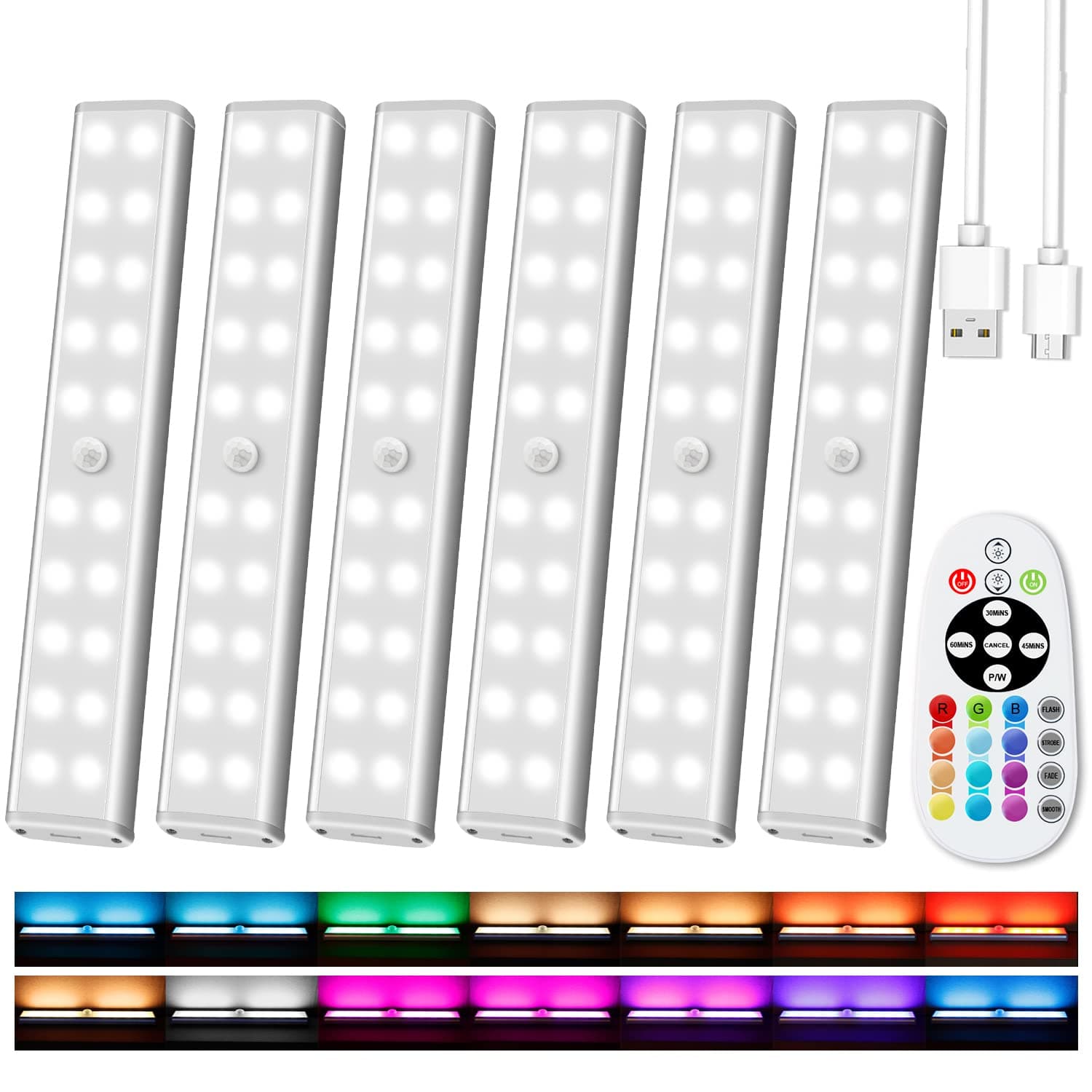Under Cabinet Lighting Wireless with Remote, 48 LED Rechargeable Under Cabinet Lights, Kitchen Counter Lights Dimmable LED Closet Light RGB Bar for Shelf, Car, Hallway, 15 Color Changing, 6 Pack