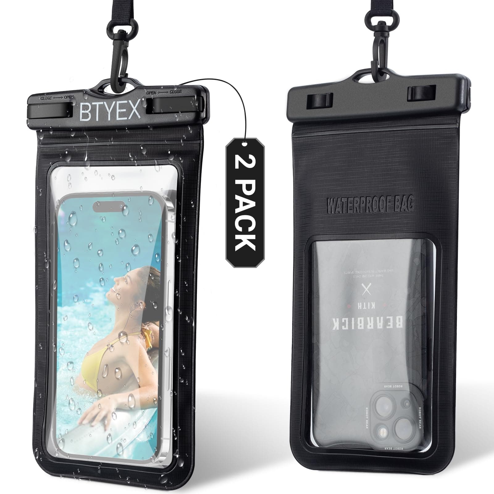 BTYEX Universal Waterproof Phone Pouch Cellphone Dry Bag Case with Lanyard for iPhone 15 14 13 12 Pro Max Xs Max XR X 8 7 6S Plus SE, Galaxy S22 S21 S20, HUAWEI P50 up to 7.0’’ - 2 Pack