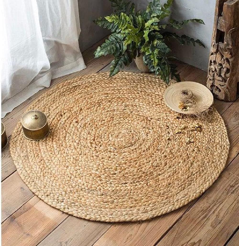 Nisha Handloom Jute 60CM Round Braided Reversible Carpet for Home Decor.(JUTE), Beige