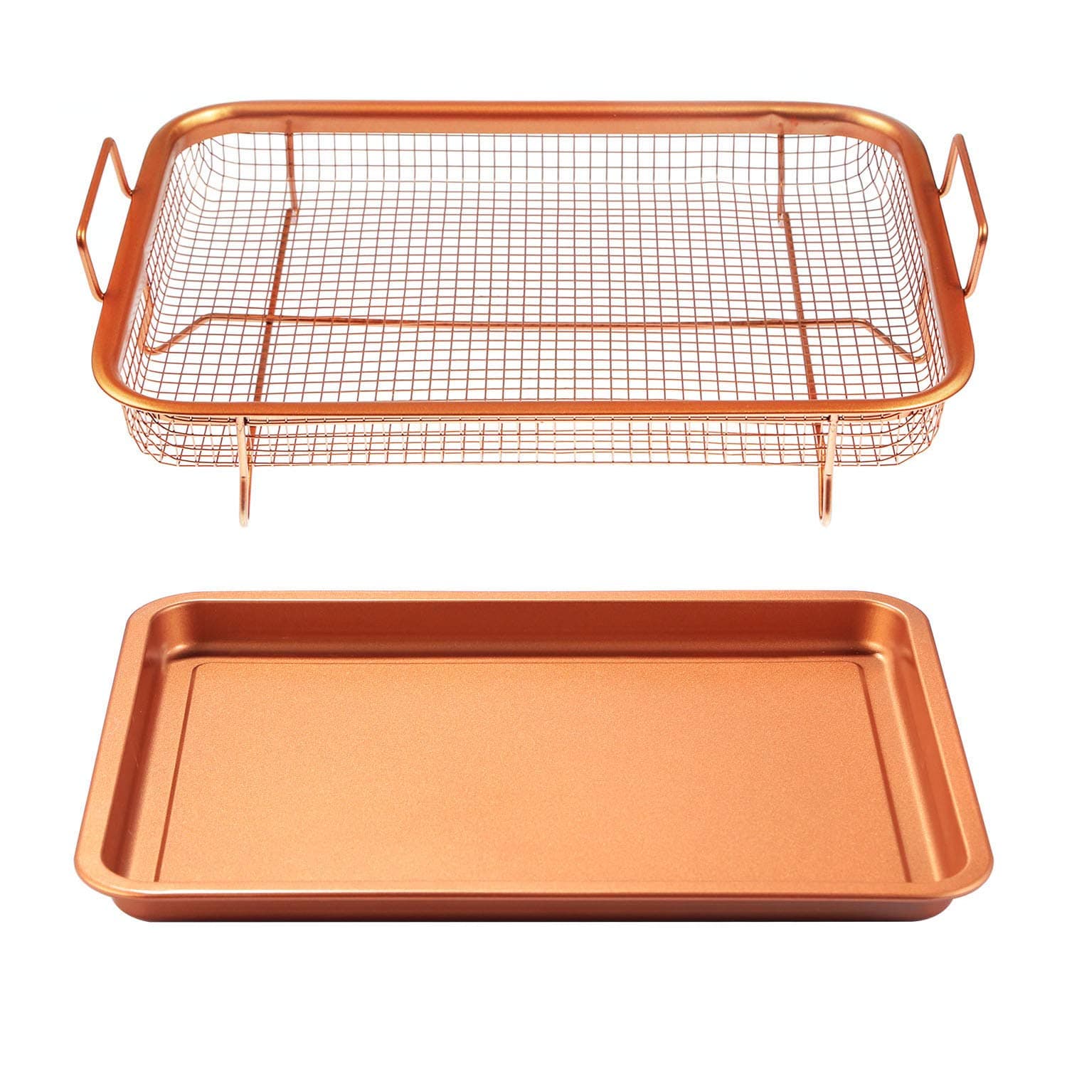 Teqhome Copper Crisper Tray Set Non-Stick Oven Baking Tray with Elevated Mesh Crisping Grill Basket, Oven & Dishwasher Safe, Oil Free