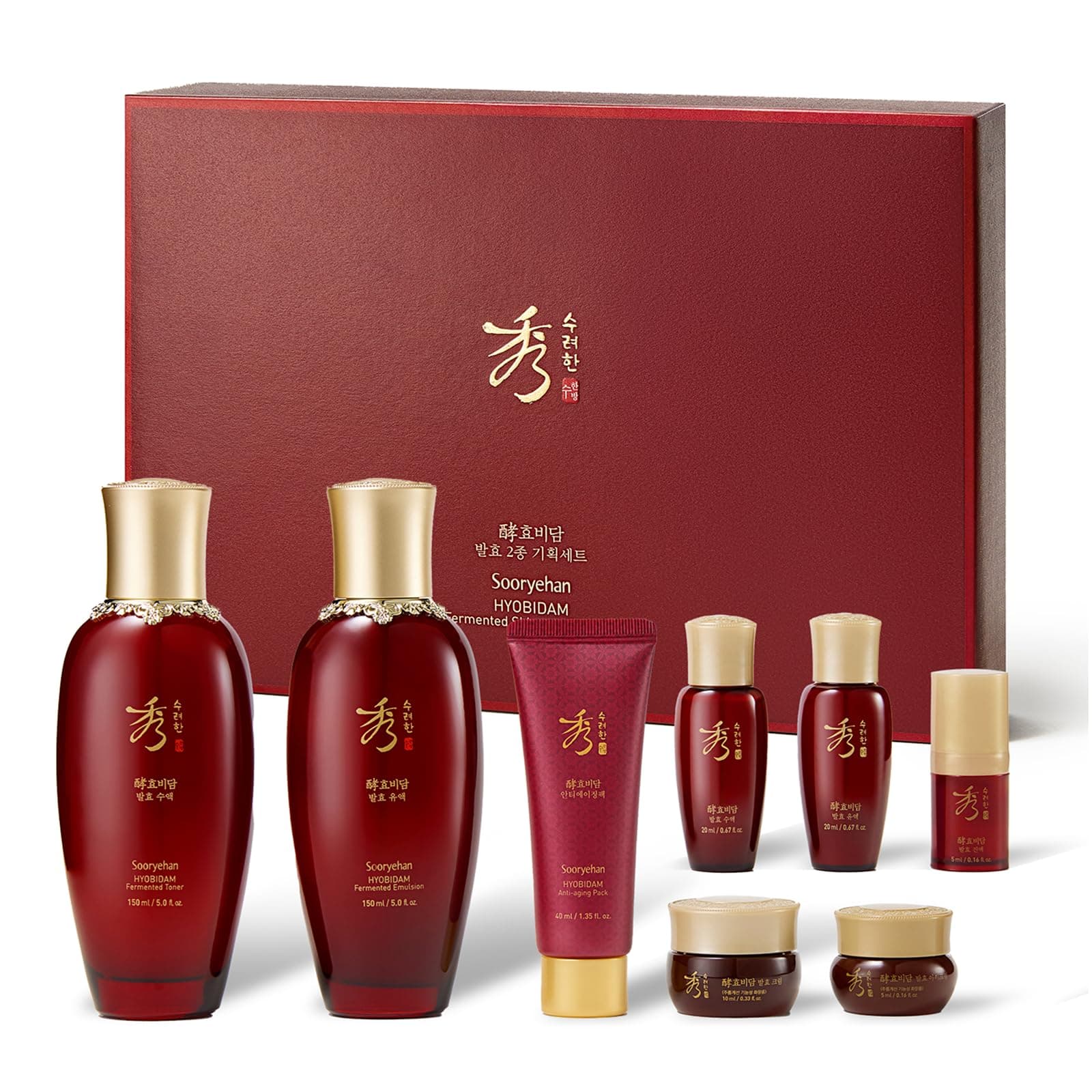 SOORYEHAN HYOBIDAM FERMENTED SKINCARE GIFT SET - Korean Skincare Gift Set, Luxury Premium High-end Revitalizing Toner, Emulsion Lotion, Essence, Cream, Cleansing Foam, Sheet Mask (400 ml / 13.52 fl oz