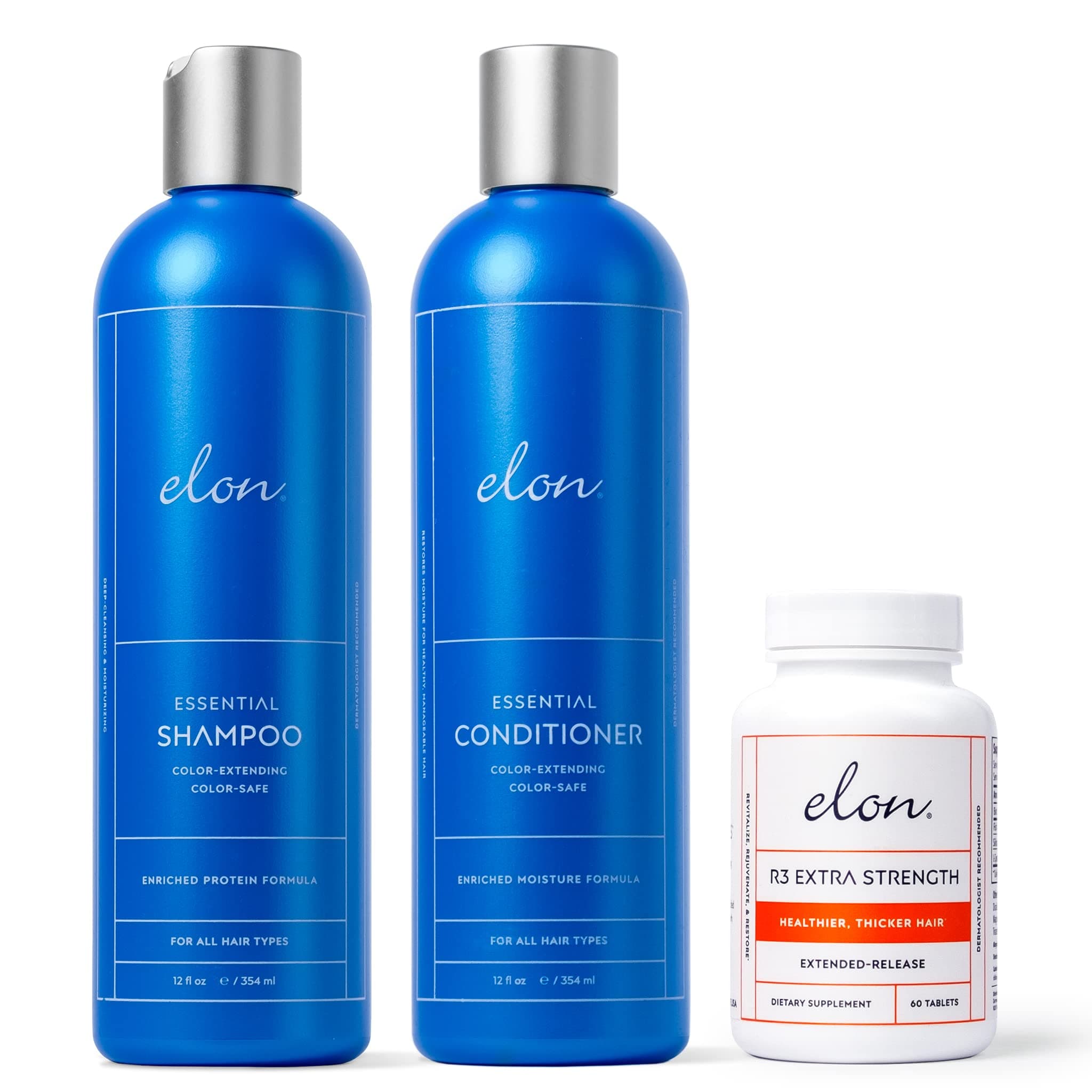 Complete Care Kit for Thinning Hair – Elon Essential Shampoo & Conditioner Set + R3 Extra Strength Hair Growth Supplement – NO Sulfates, Parabens or Phthalates