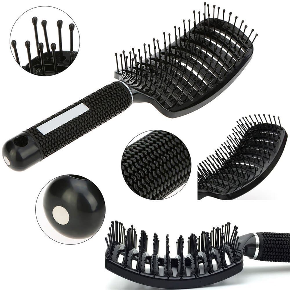Curved and Vented Detangling Black paddle Hair Brush Perfect for Keratine and for Any type of Hair, Thick, Thin, Long, Curly. Massage and Fast Dry with Plastic Bristles. Unisex