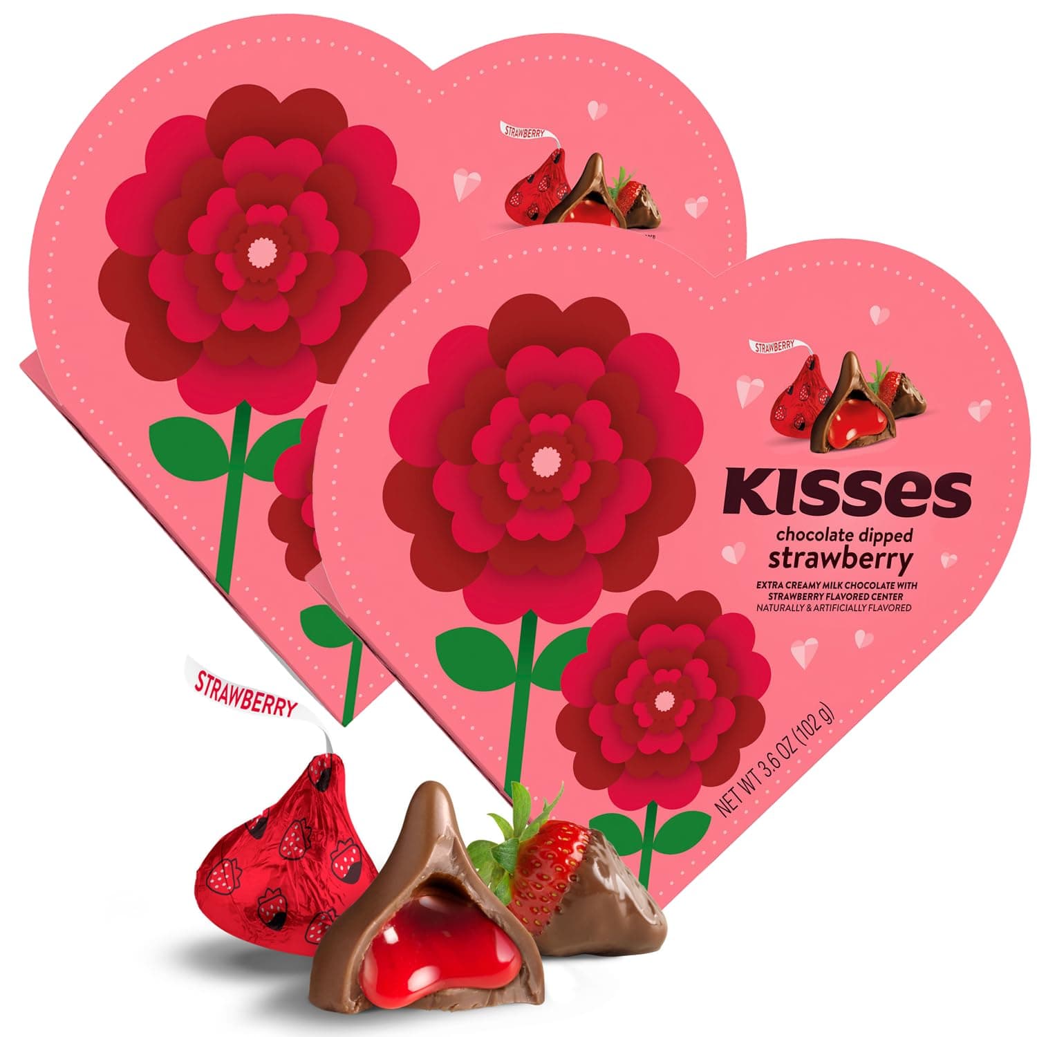 Taboom Hershey Strawberry Kisses Heart Gift Box - Pack of 2 Milk Chocolate Candy with Chocolate Topping, Valentine's Day Gift for Her, Teachers and Lovers