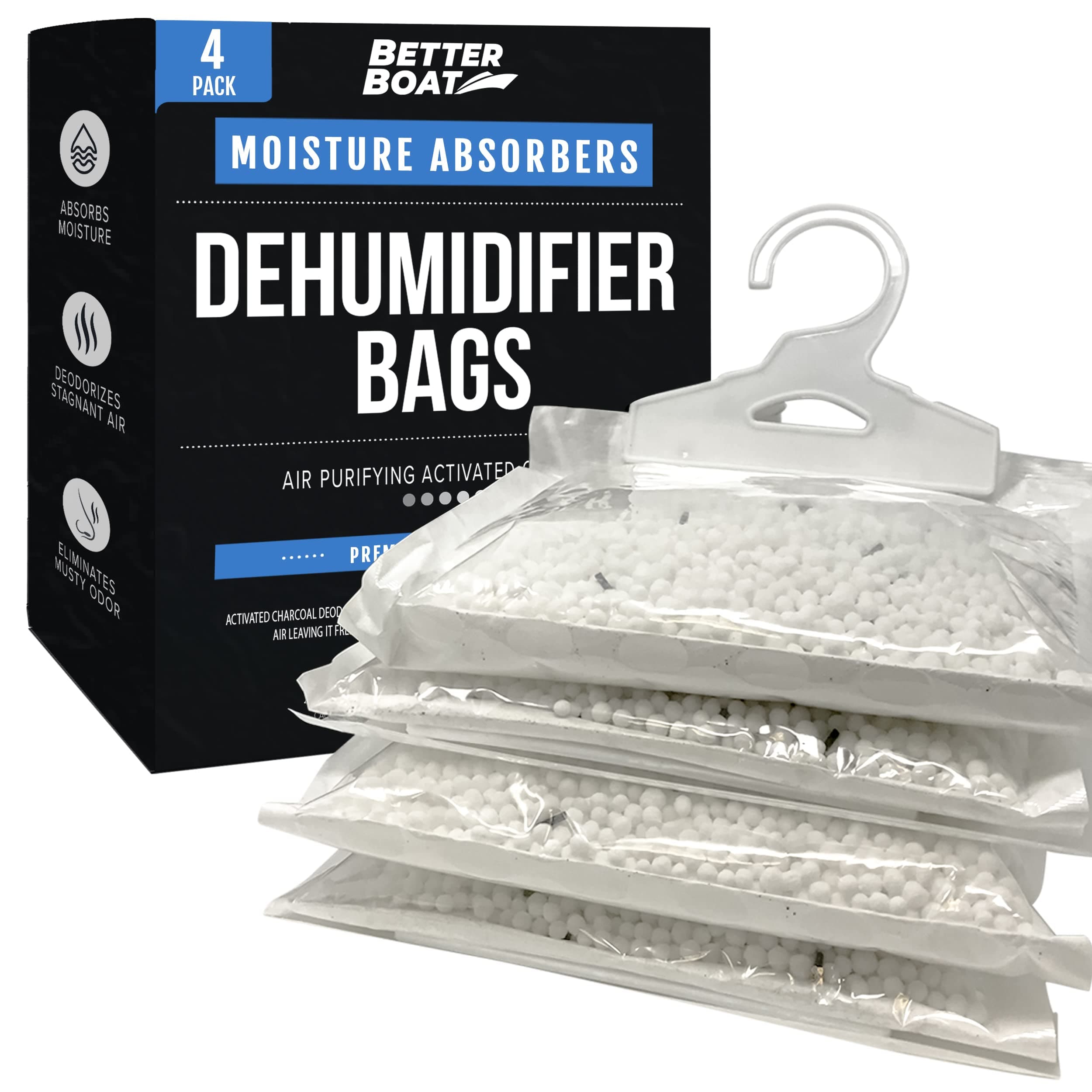 Better Boat 4 Pack Dehumidifier Moisture Absorber Hanging Bags and Charcoal Deodorizer Remove Damp Musty Mold Smell | Basement Closet Home RV or ing