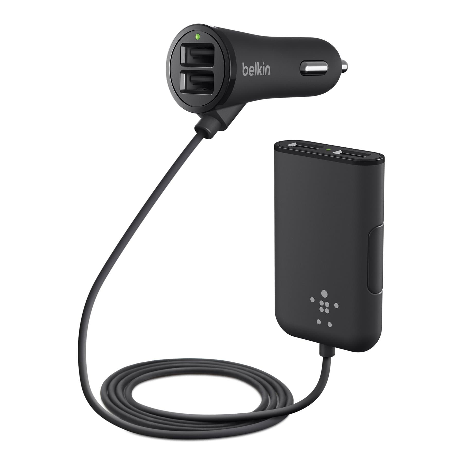belkin road rockstar with 4 usb ports for front and backseat charging, 2 front seat usb ports with shared 2.4 amp and 1 backseat dual-port hub with 2.4 amp/port- Black